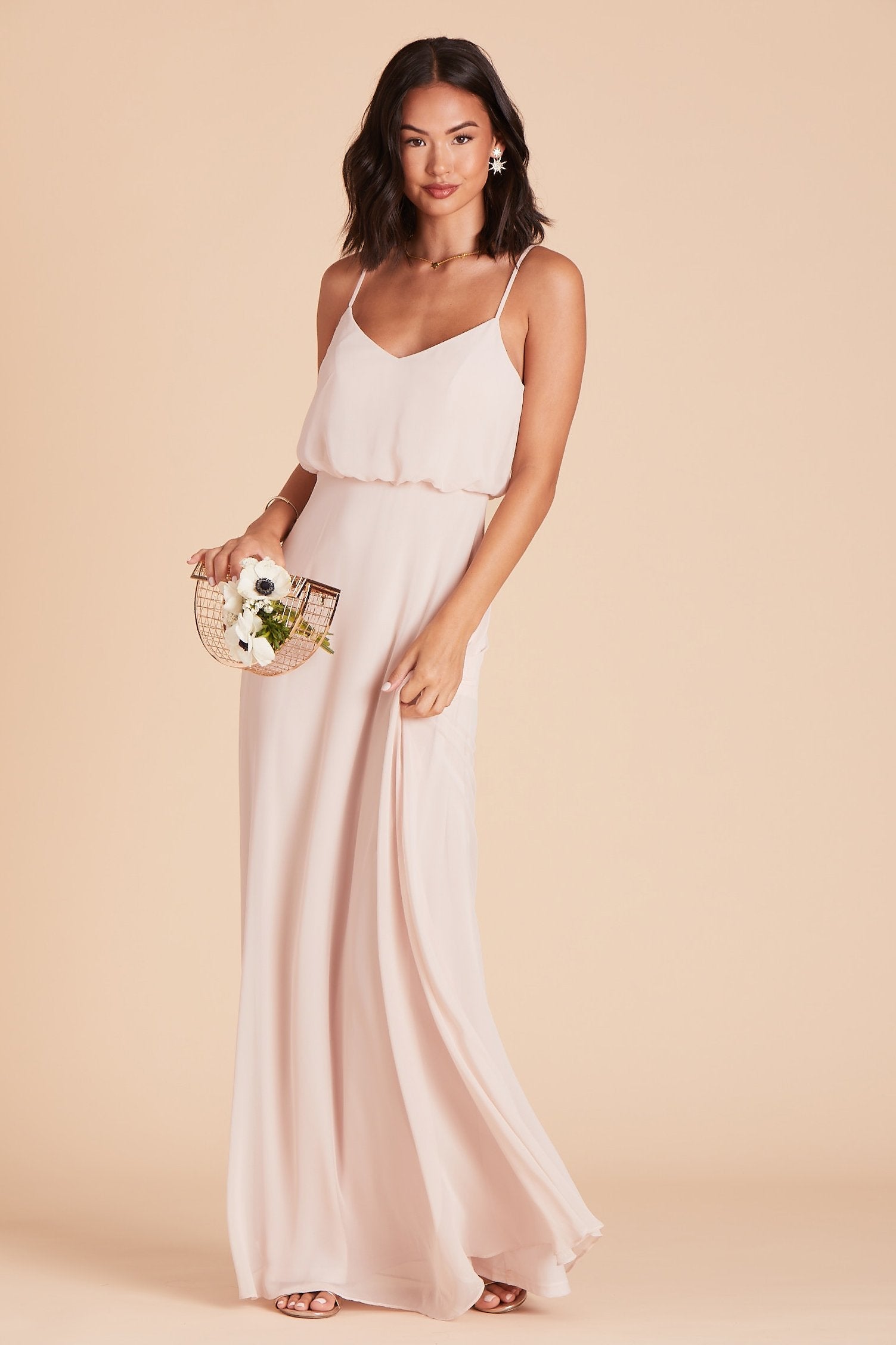 Gwennie bridesmaid dress in pale blush chiffon by Birdy Grey, front view