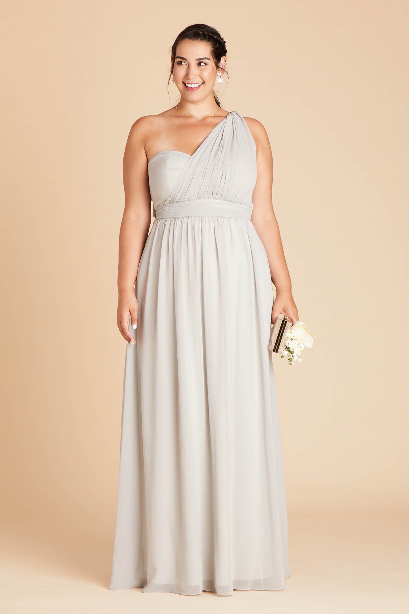 Grace convertible plus size bridesmaid dress in dove gray chiffon by Birdy Grey, front view