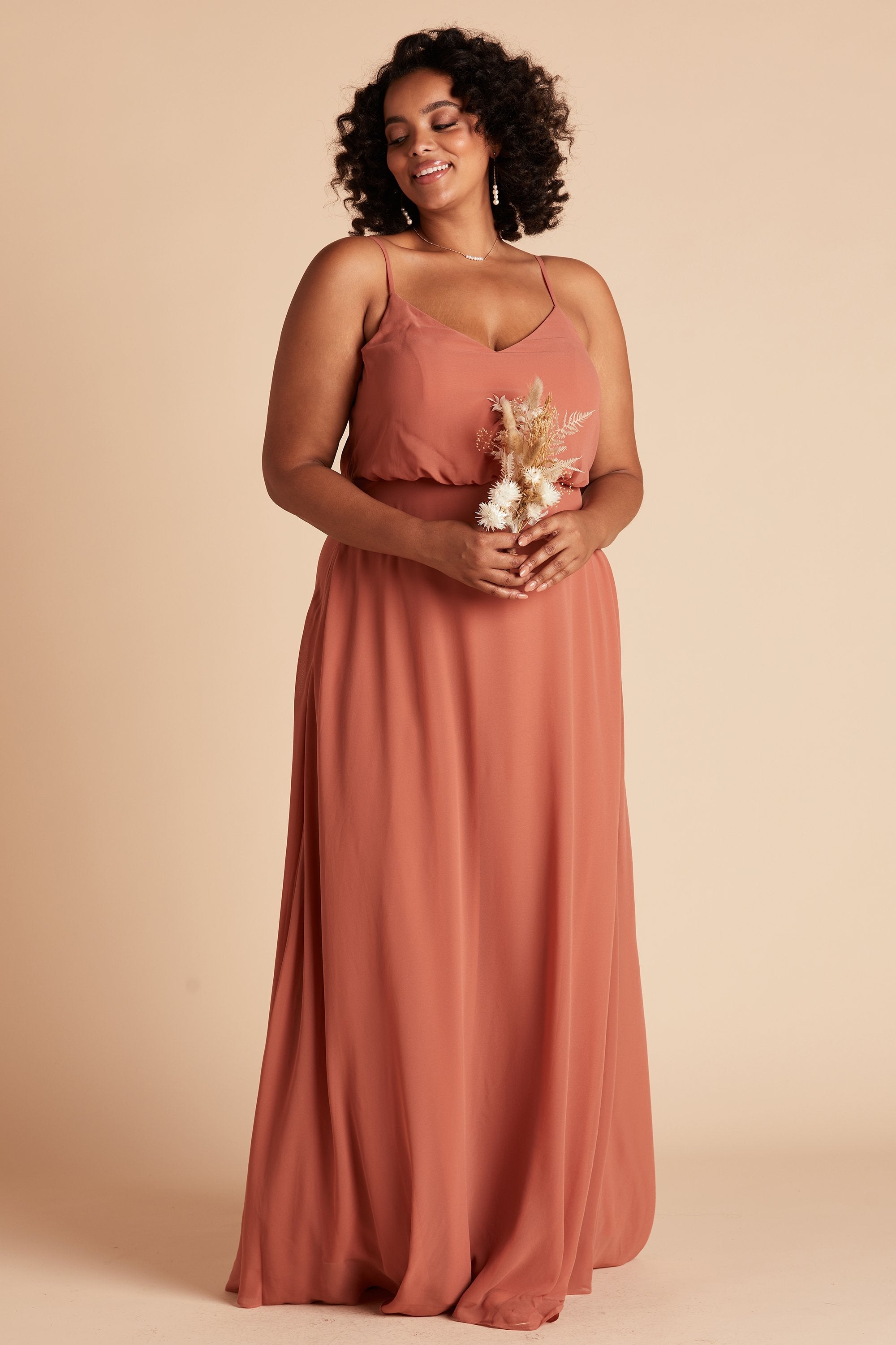 Gwennie plus size bridesmaid dress in terracotta chiffon by Birdy Grey, front view