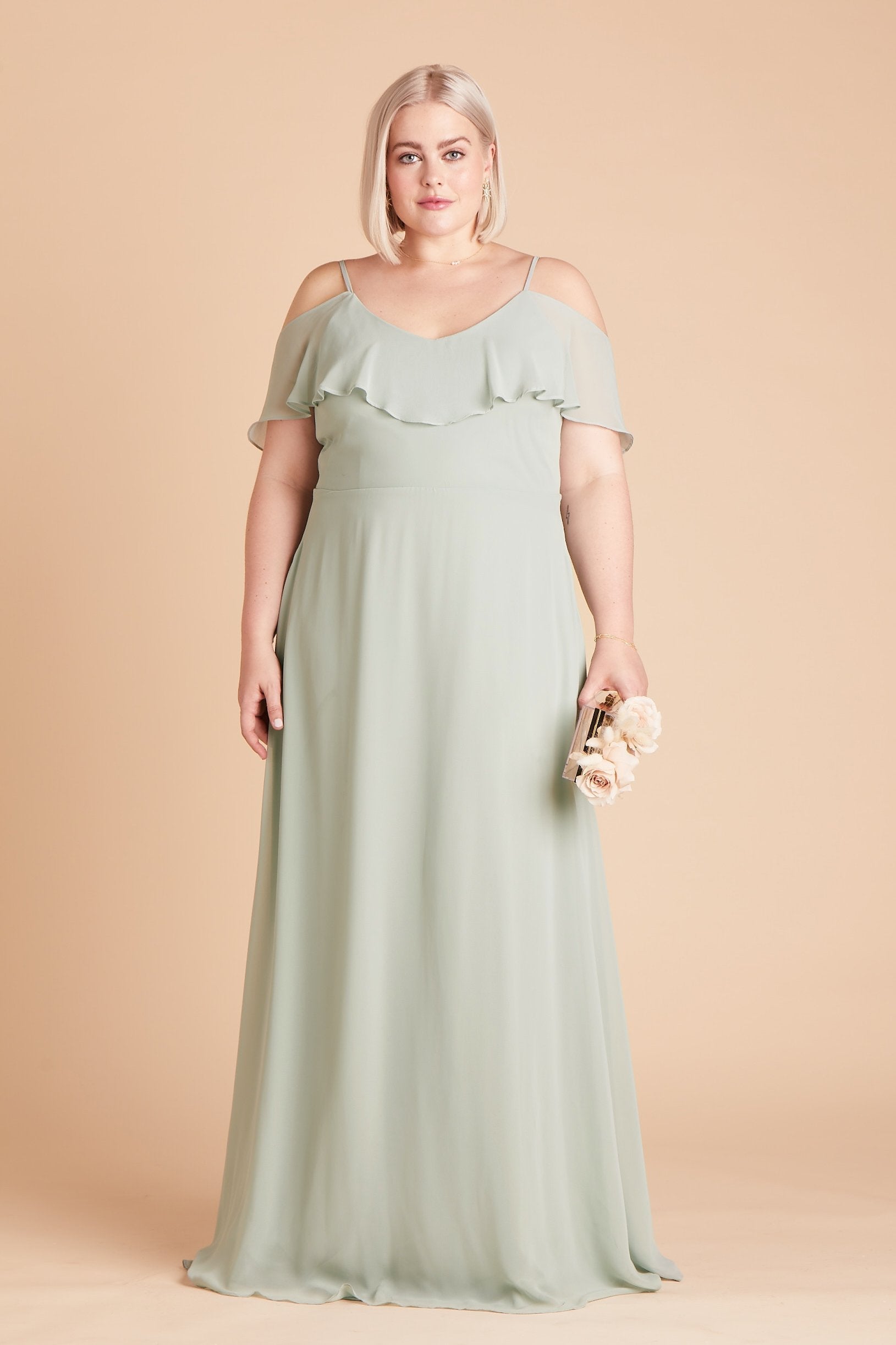 Jane convertible plus size bridesmaid dress in sage green chiffon by Birdy Grey, front view