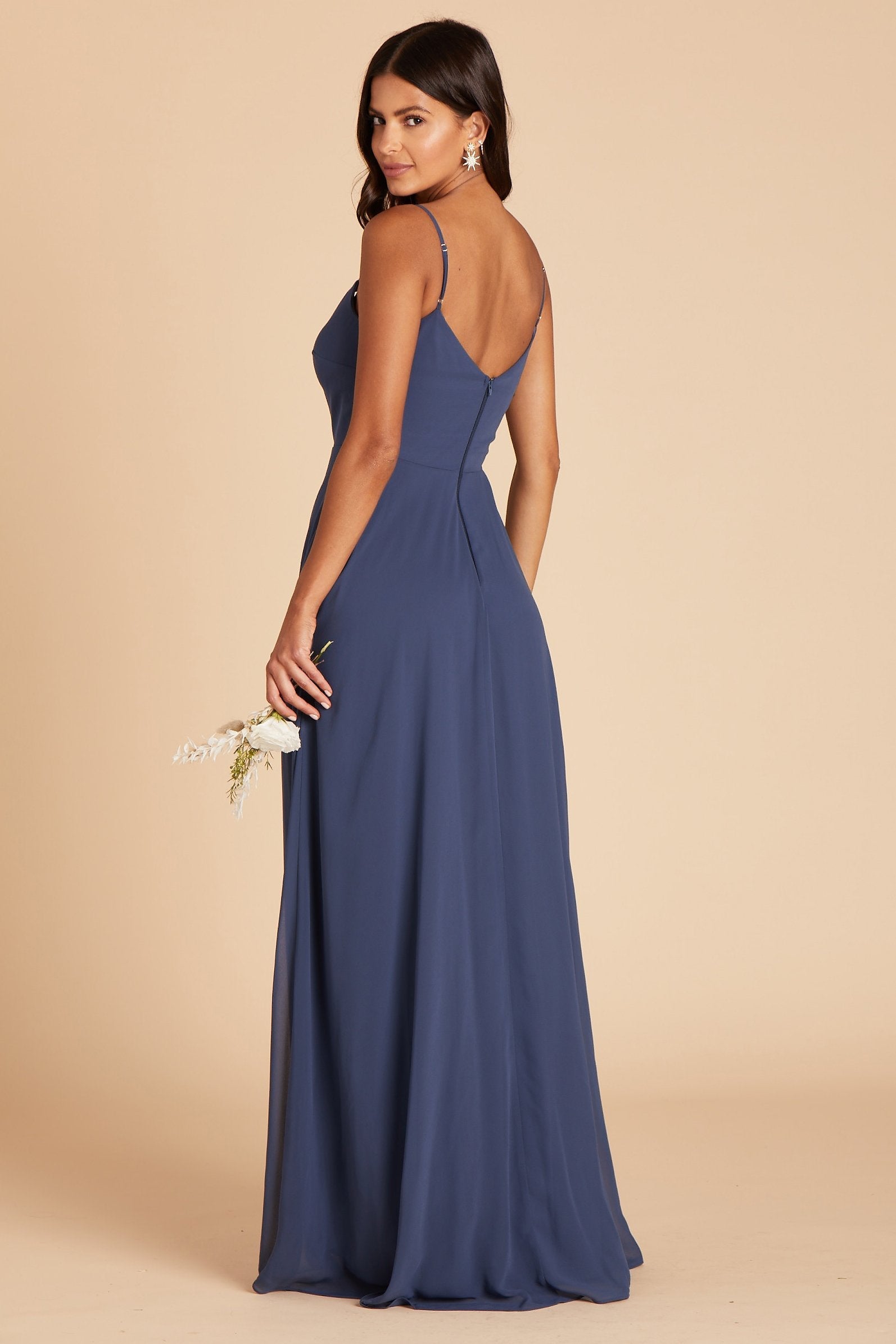 Devin convertible bridesmaids dress in slate blue chiffon by Birdy Grey, back view