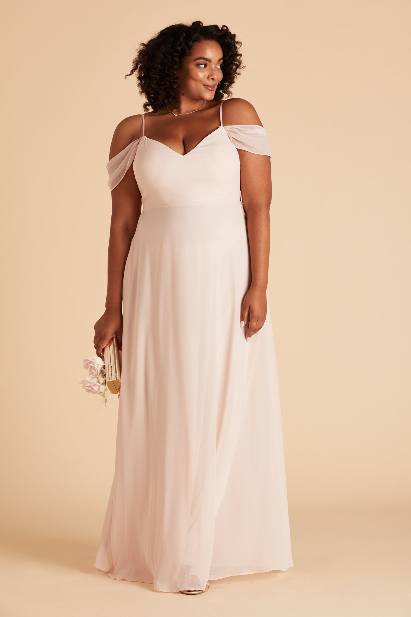 Devin convertible plus size bridesmaids dress in pale blush chiffon by Birdy Grey, front view