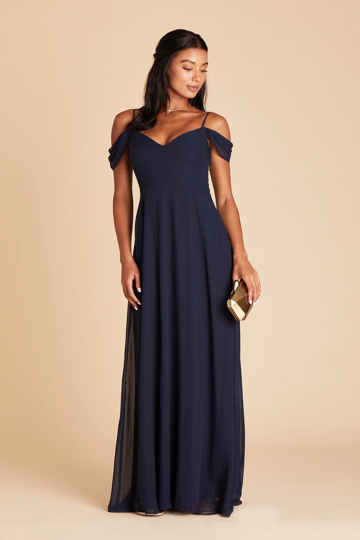 Devin convertible bridesmaid dress in navy blue chiffon by Birdy Grey, front view