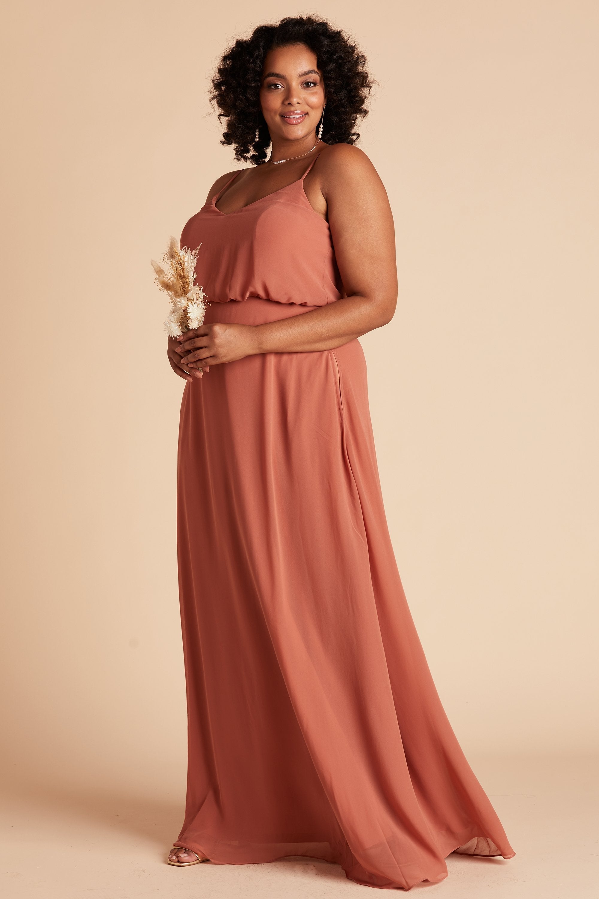 Gwennie plus size bridesmaid dress in terracotta chiffon by Birdy Grey, side view