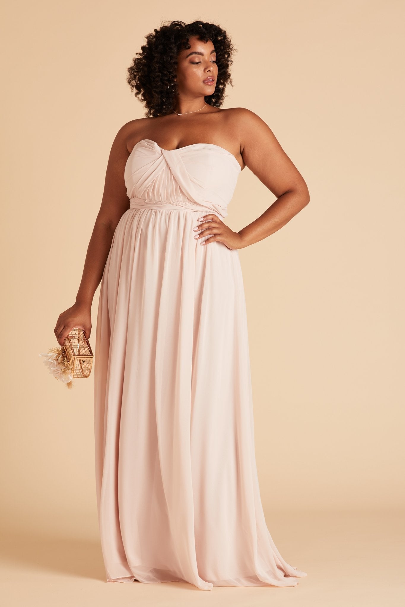 Grace convertible plus size bridesmaid dress in pale blush pink chiffon by Birdy Grey, front view