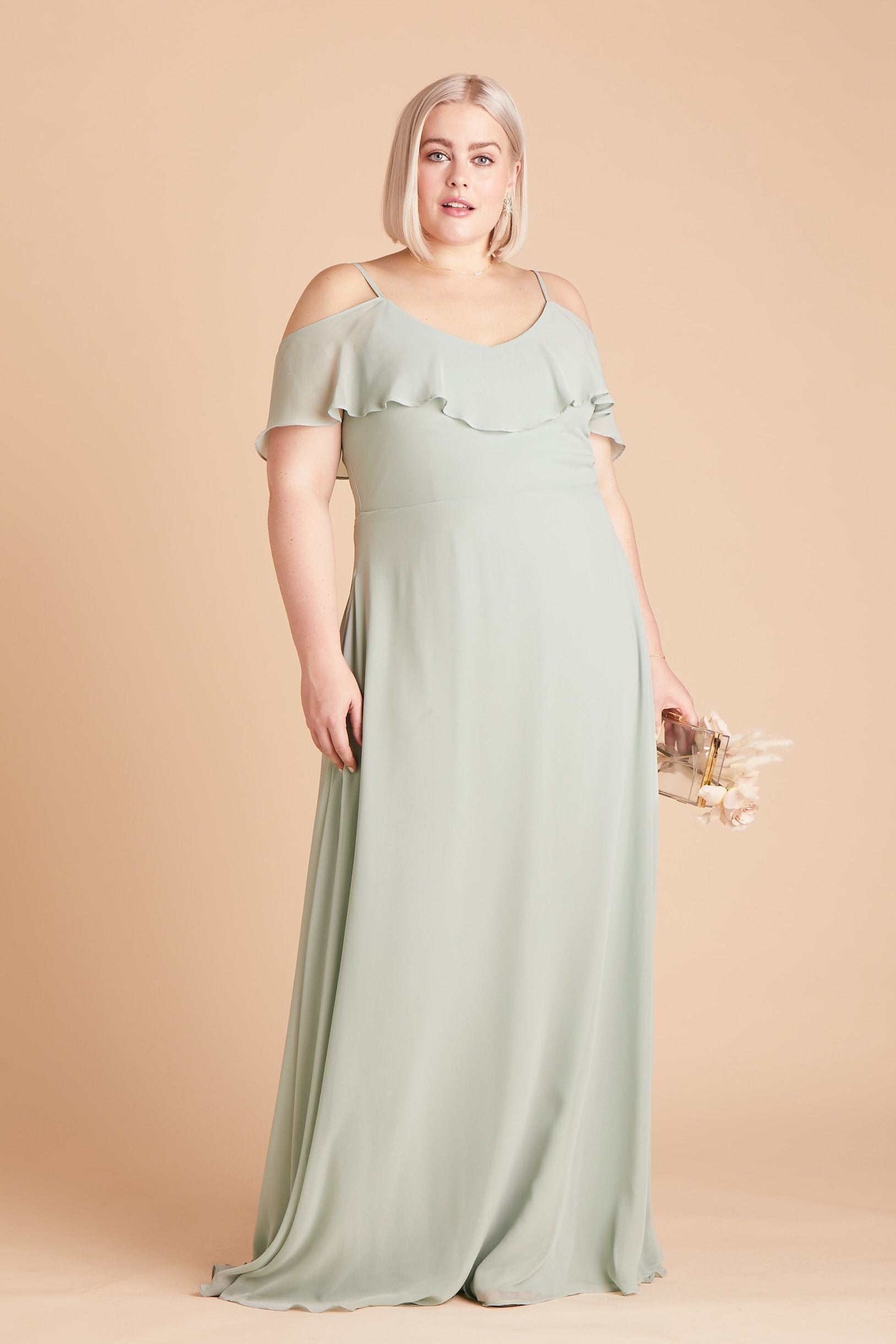 Jane convertible plus size bridesmaid dress in sage green chiffon by Birdy Grey, front view