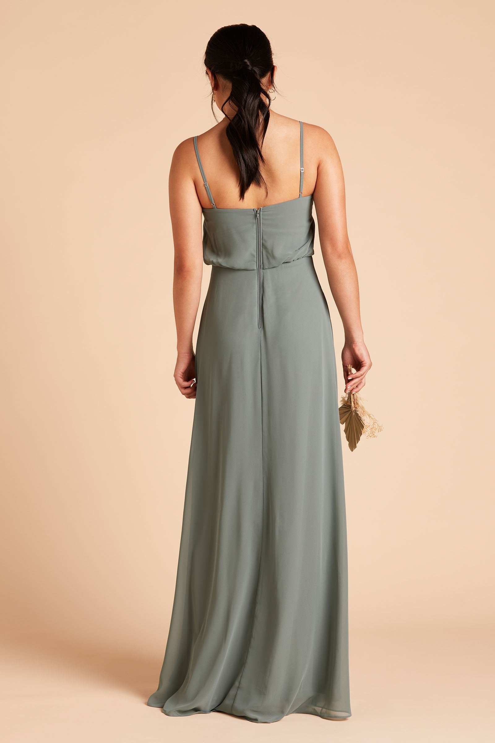 Gwennie bridesmaid dress in sea glass green chiffon by Birdy Grey, back view