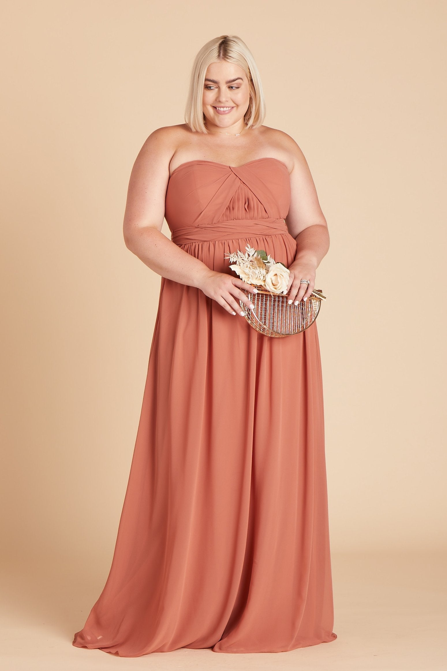 Grace convertible plus size bridesmaid dress in terracotta orange chiffon by Birdy Grey, front view