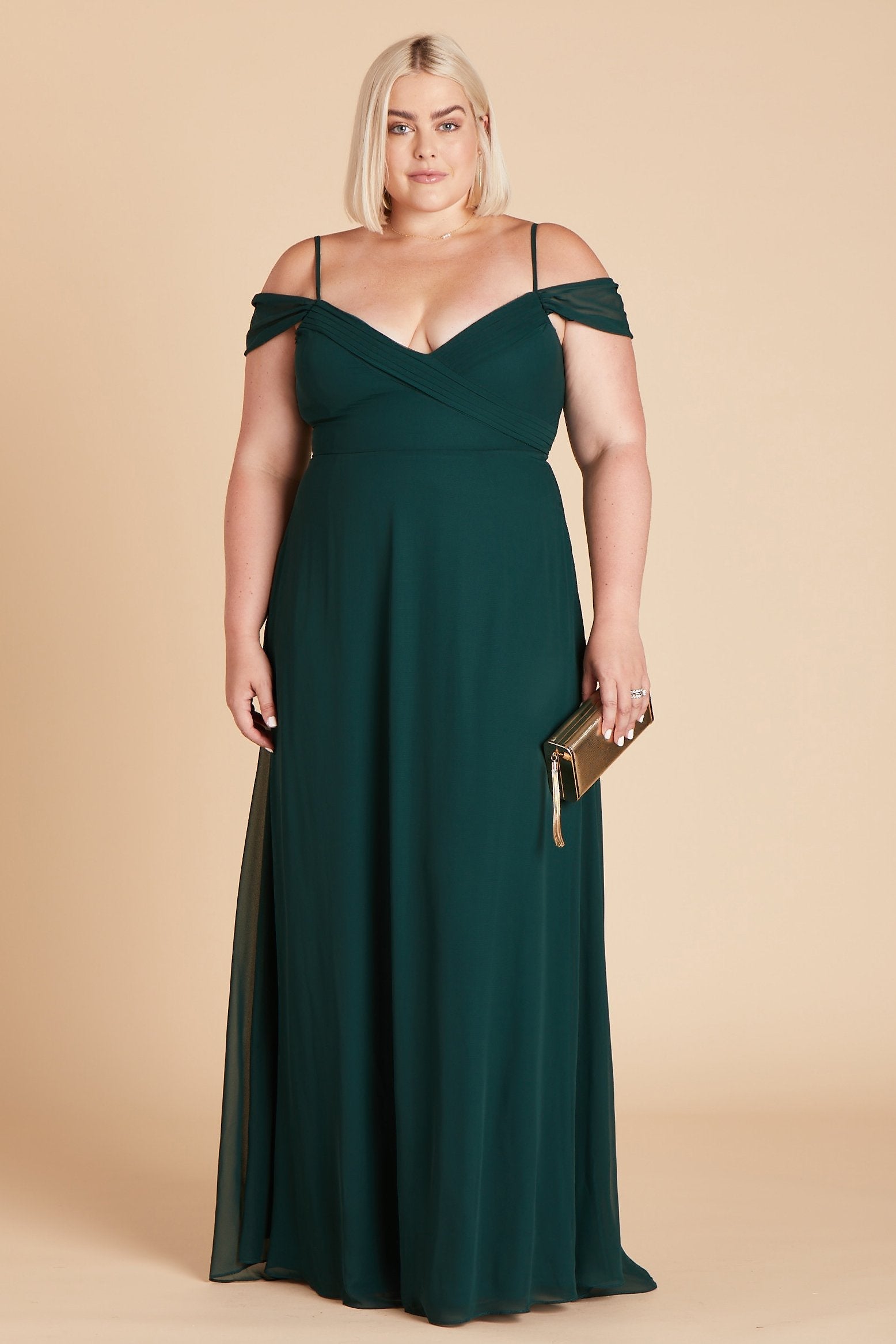 Spence convertible plus size bridesmaid dress in emerald green chiffon by Birdy Grey, front view