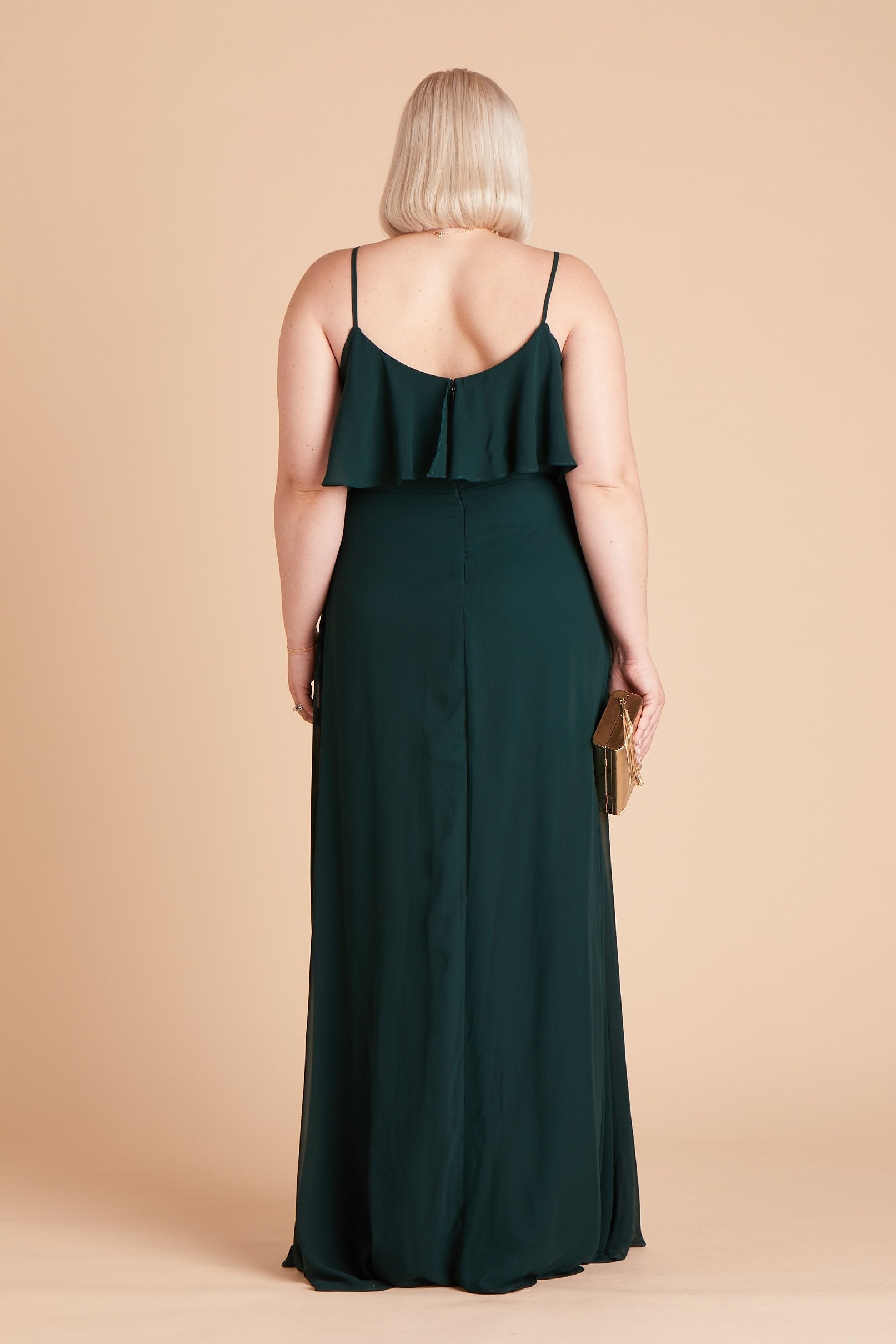 Jane convertible plus size bridesmaid dress in emerald green chiffon by Birdy Grey, back view