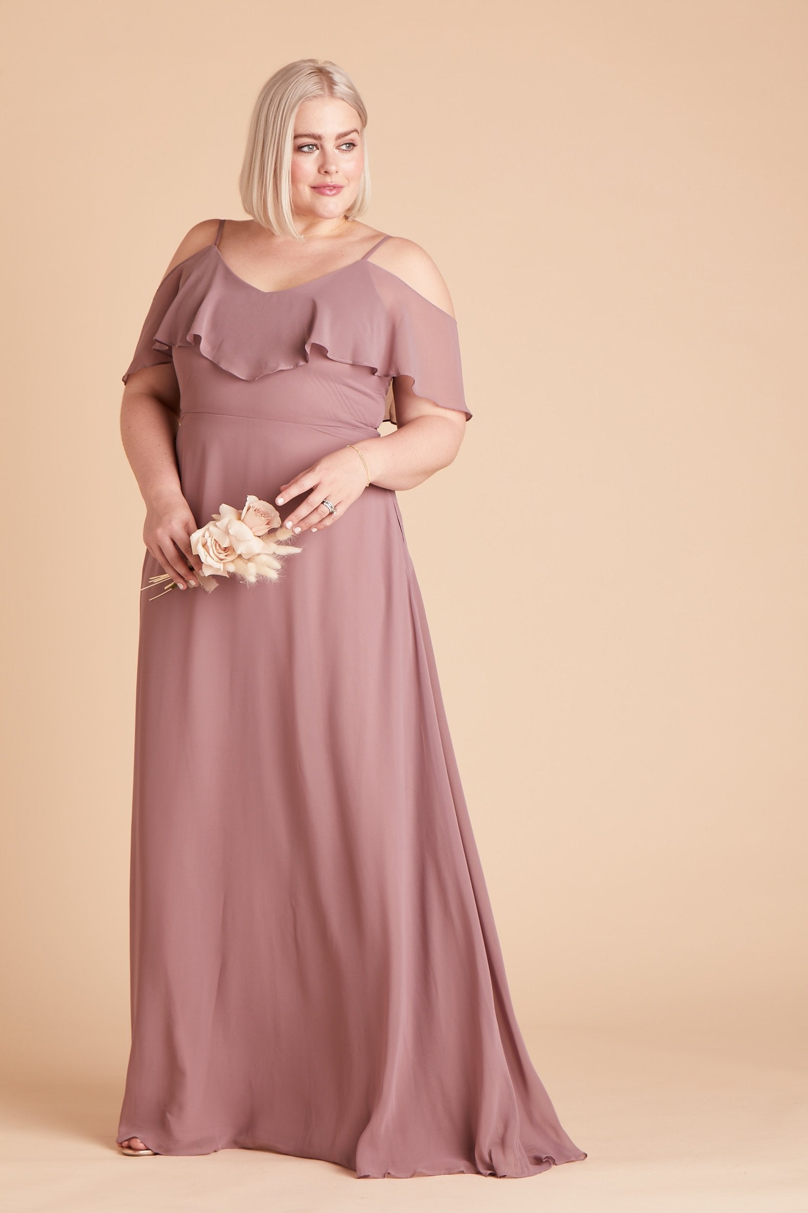 Jane convertible plus size bridesmaid dress in dark mauve chiffon by Birdy Grey, front view