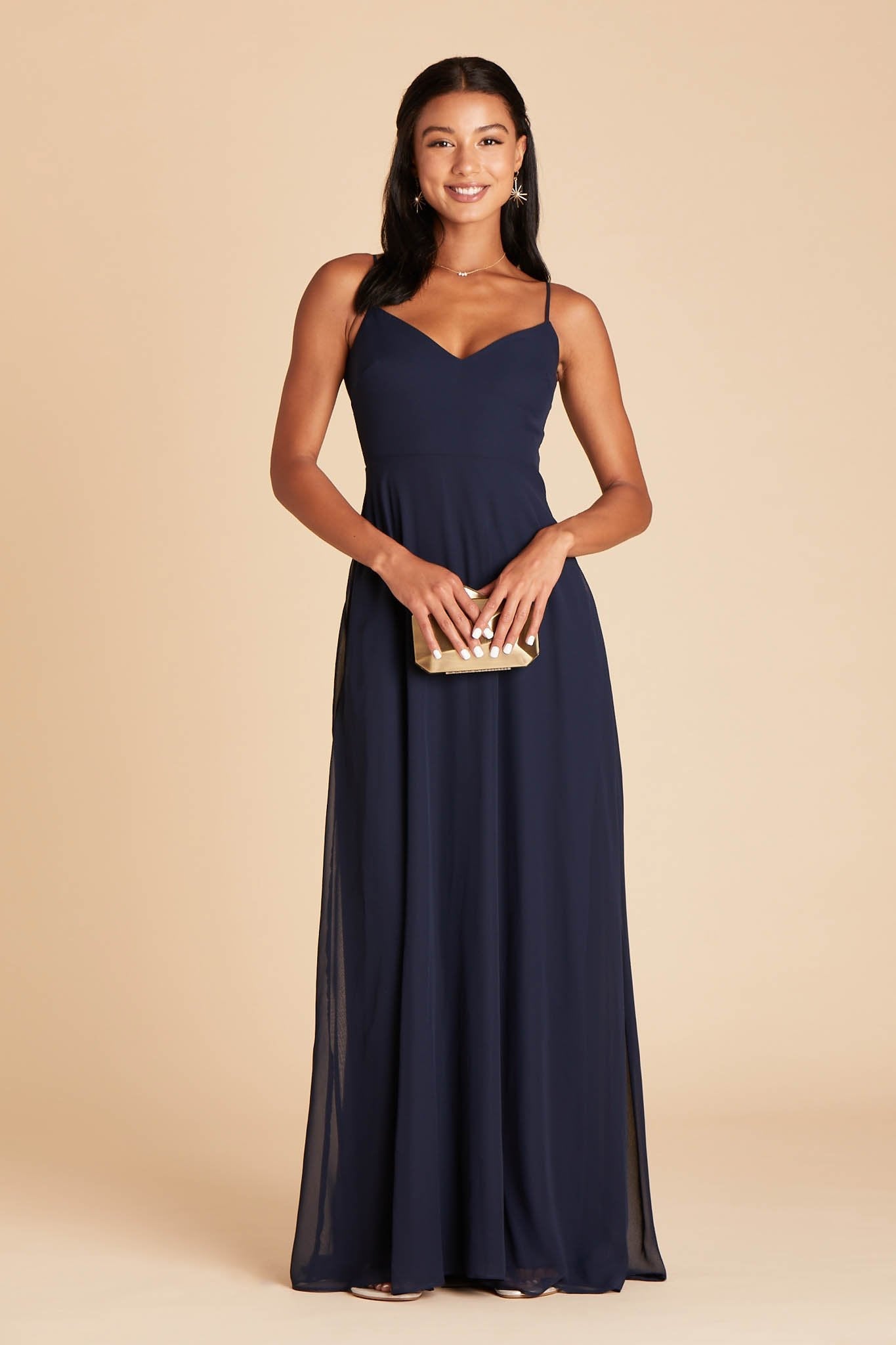 Devin convertible bridesmaid dress in navy blue chiffon by Birdy Grey, front view