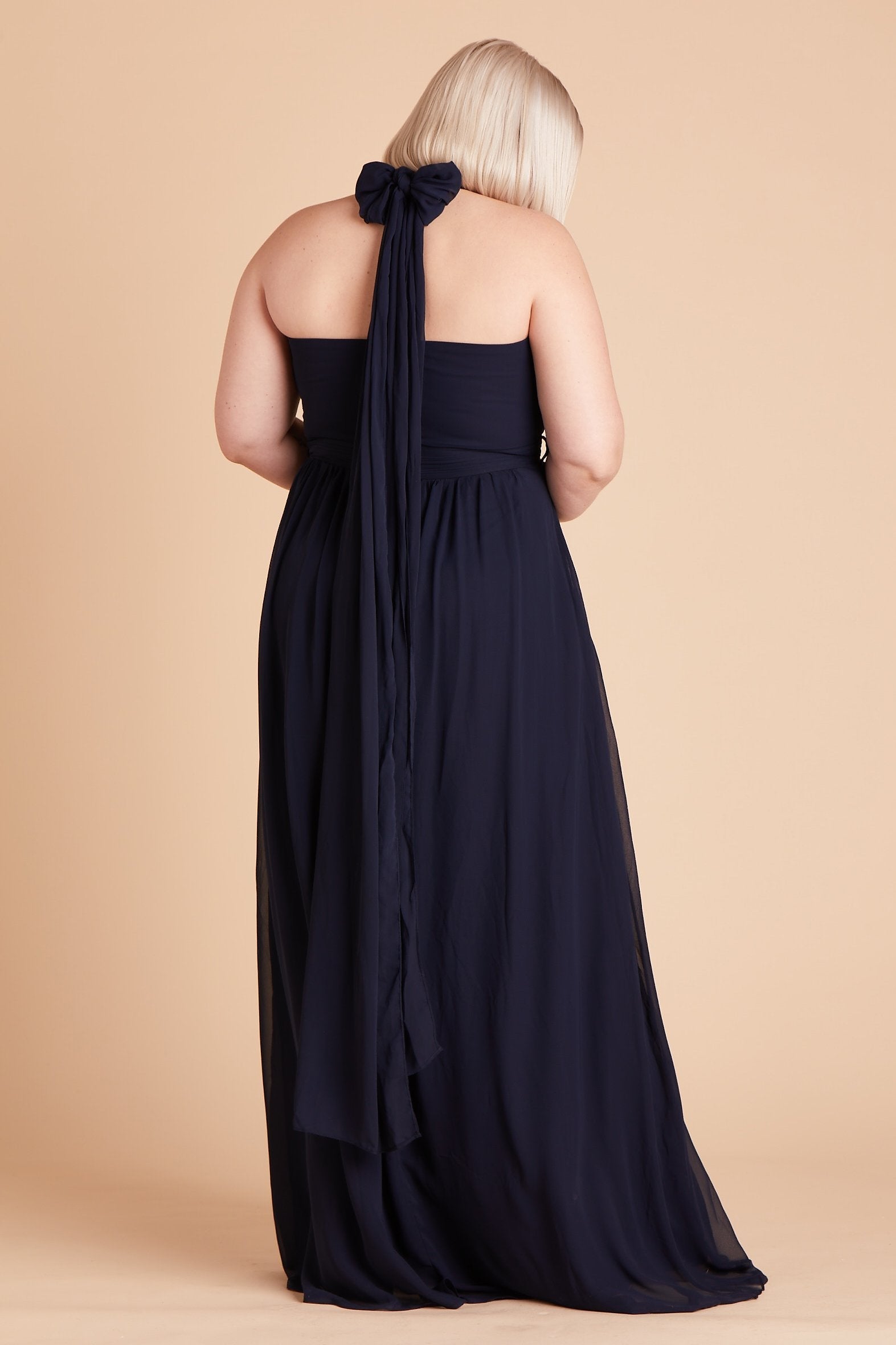 Grace convertible plus size bridesmaid dress in navy blue chiffon by Birdy Grey, back view