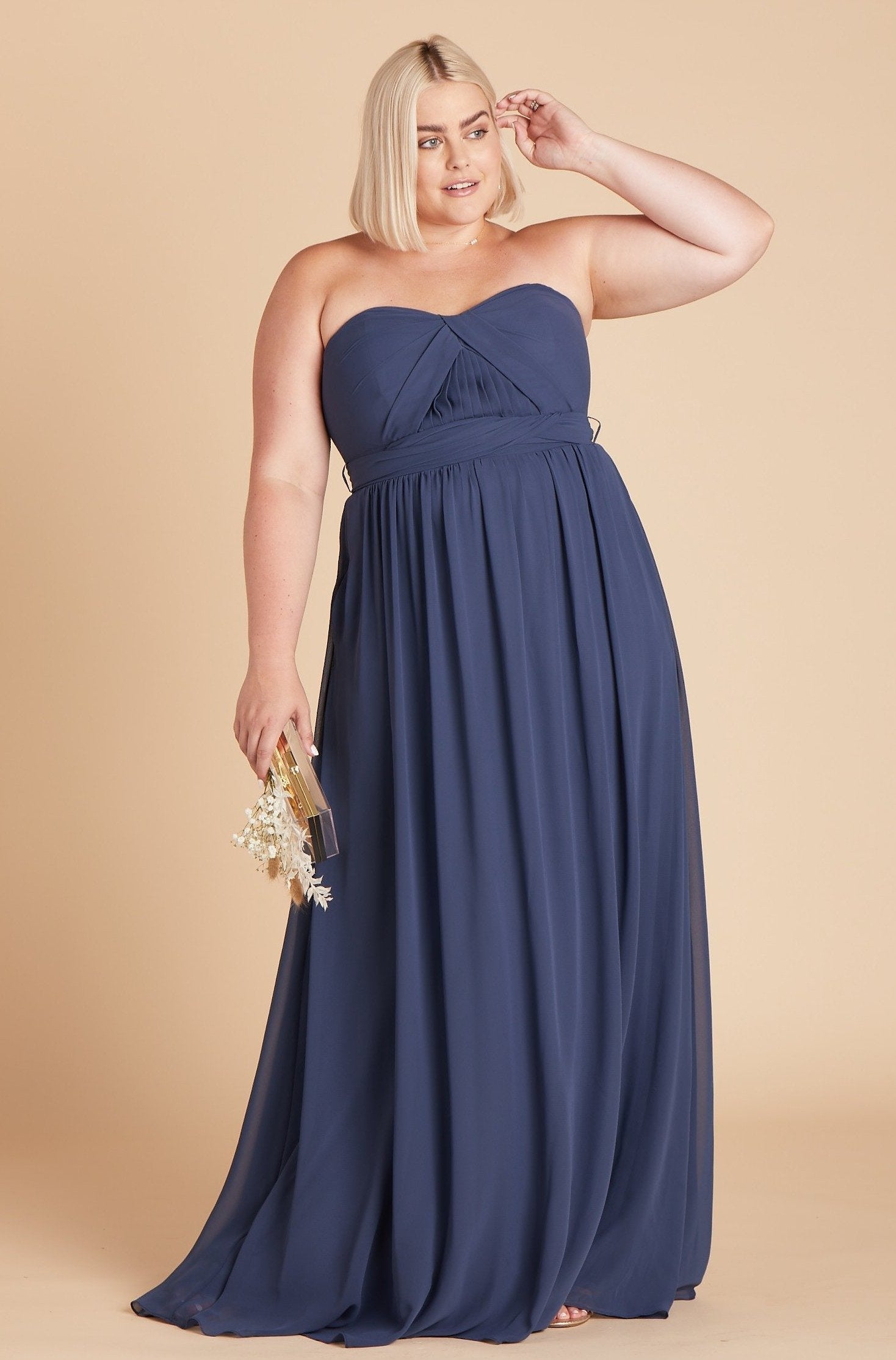 Grace convertible plus size bridesmaid dress in slate blue chiffon by Birdy Grey, front view