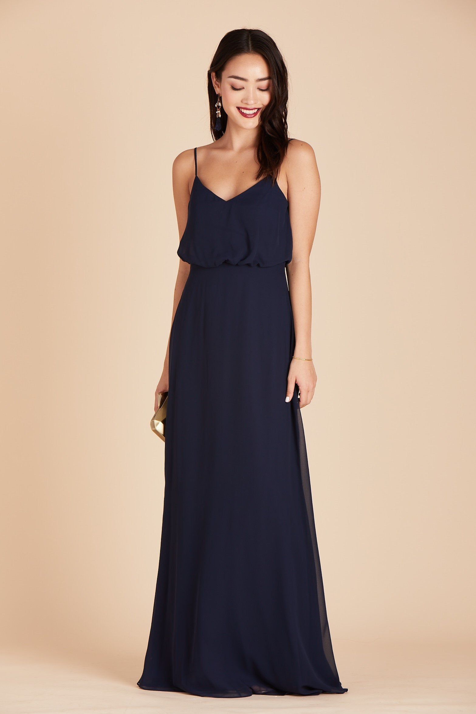 Gwennie bridesmaid dress in navy blue chiffon by Birdy Grey, front view