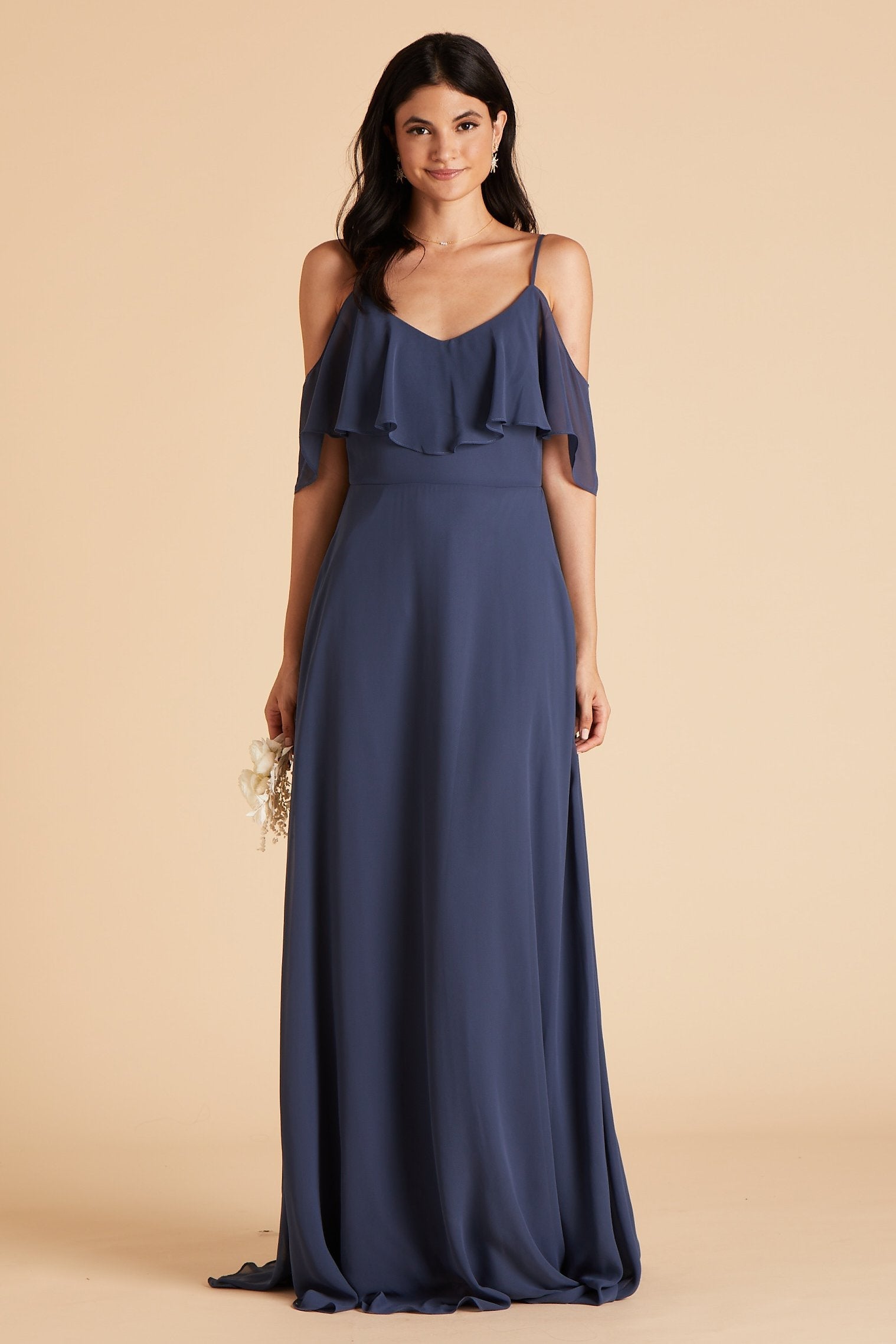 Jane convertible bridesmaid dress in slate blue chiffon by Birdy Grey, front view