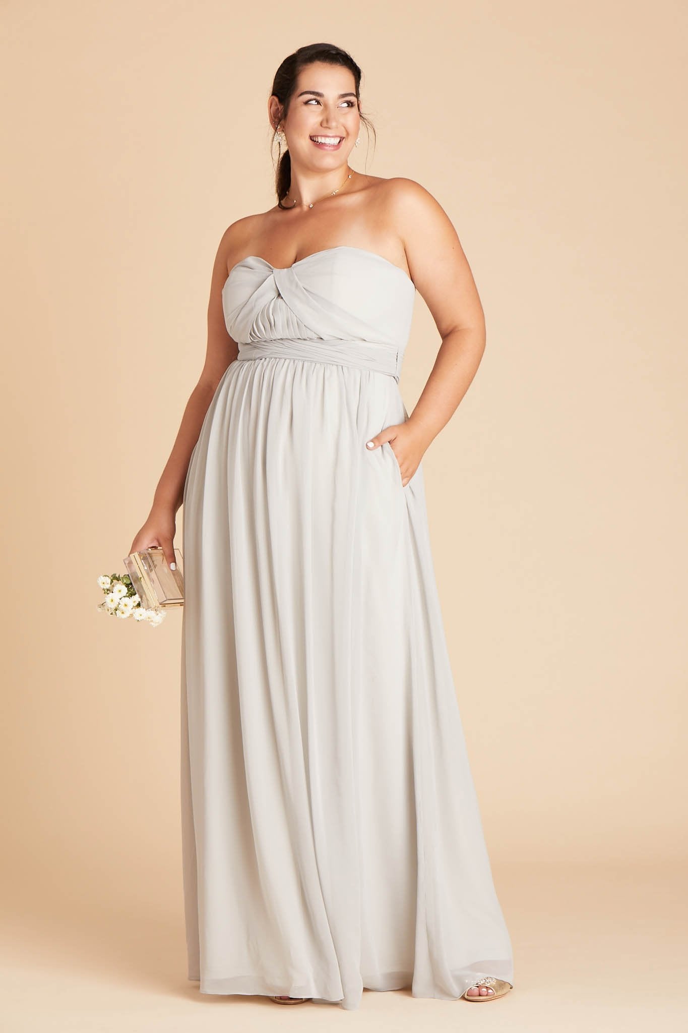 Grace convertible plus size bridesmaid dress in dove gray chiffon by Birdy Grey, side view