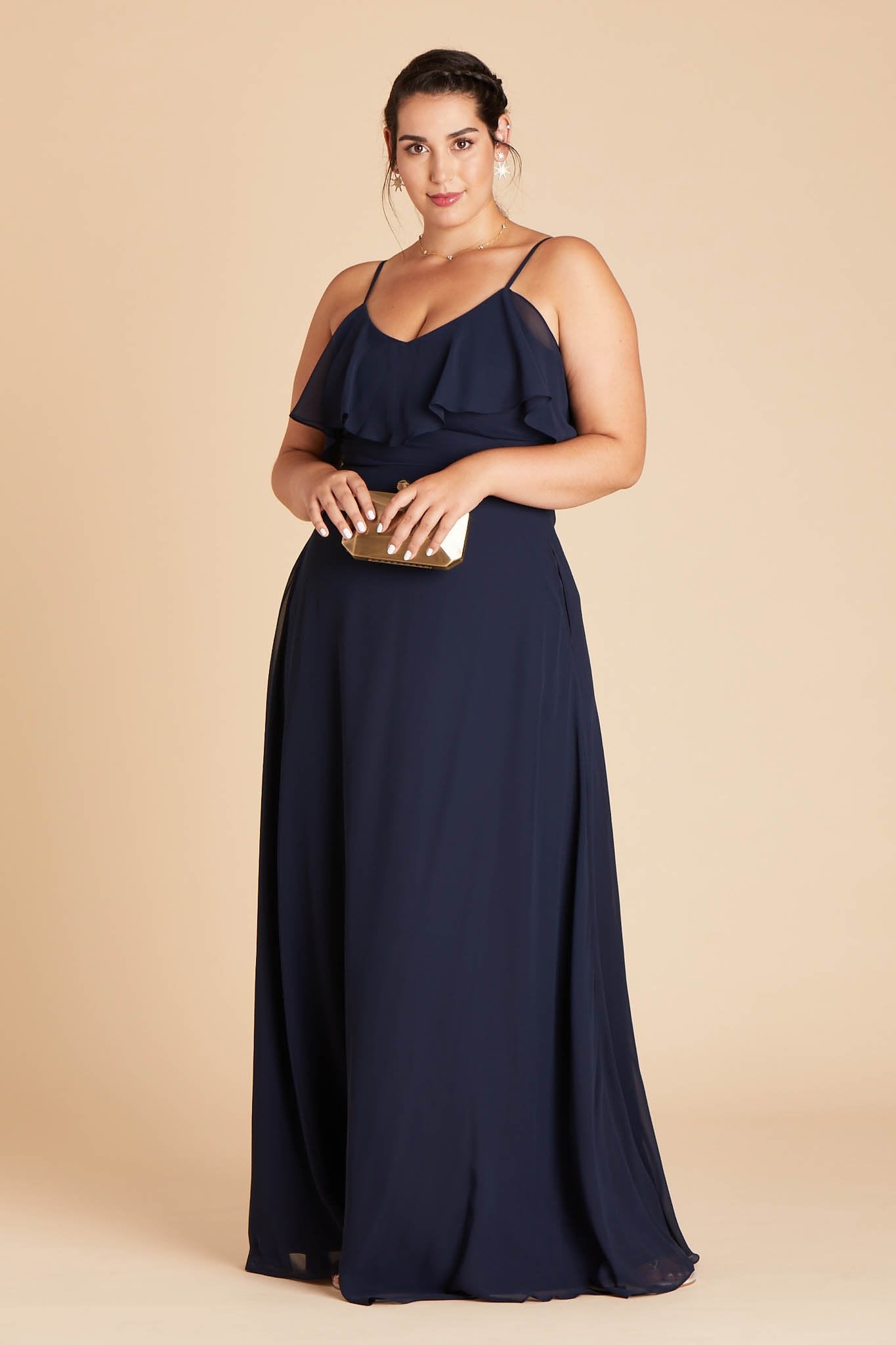 Jane convertible plus size bridesmaid dress in navy blue chiffon by Birdy Grey, front view