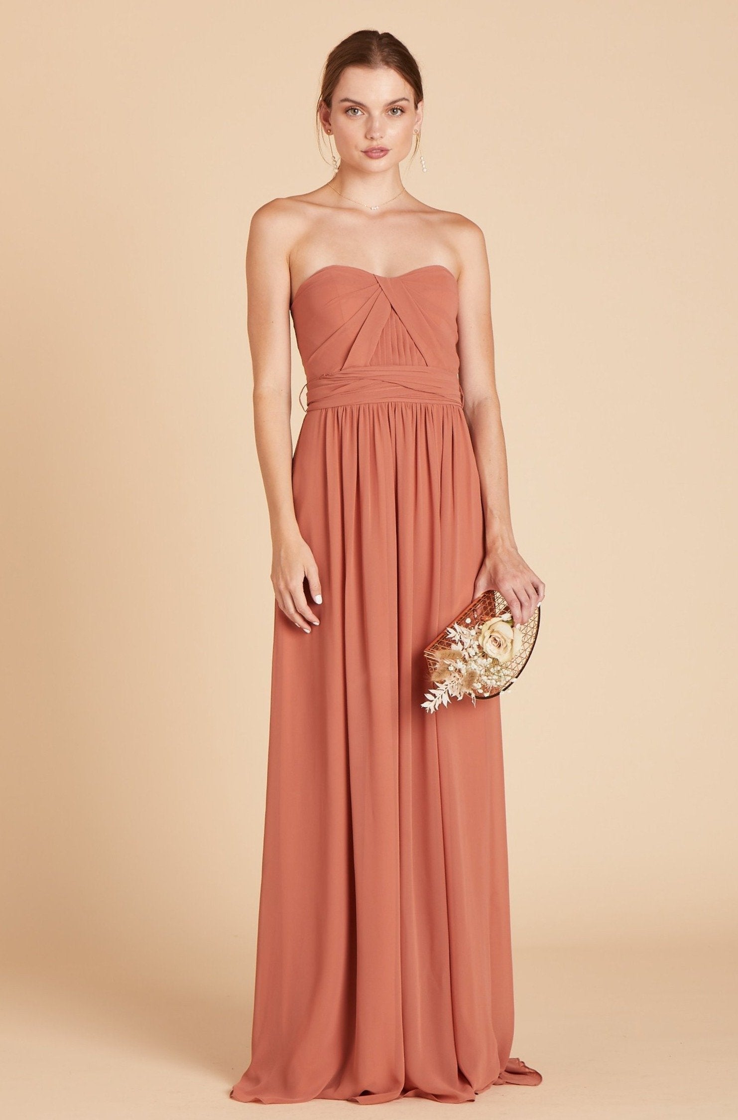 Grace convertible bridesmaid dress in terracotta orange chiffon by Birdy Grey, front view