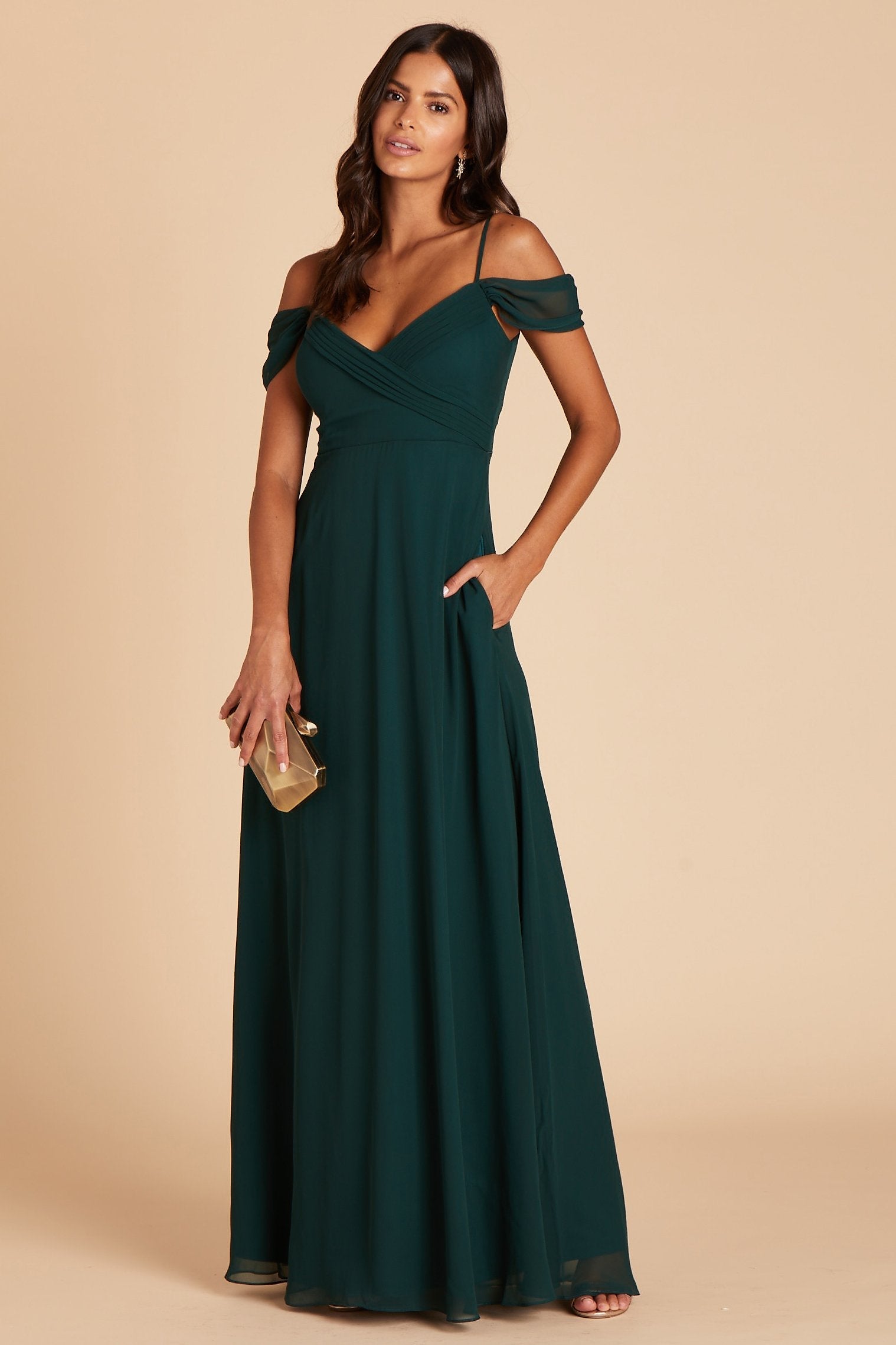 Spence convertible bridesmaid dress in emerald green chiffon by Birdy Grey, front view