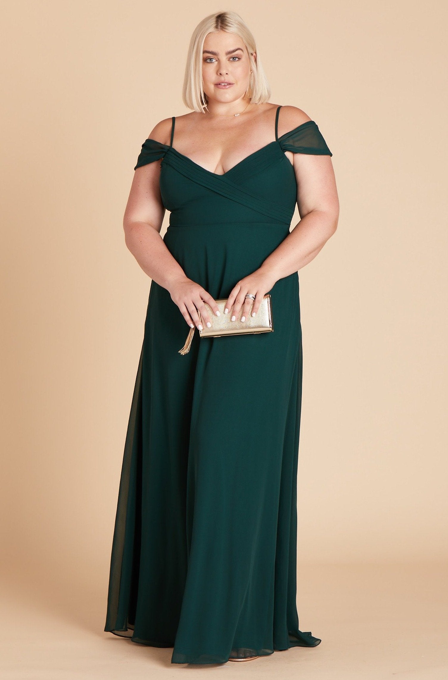 Spence convertible plus size bridesmaid dress in emerald green chiffon by Birdy Grey, front view