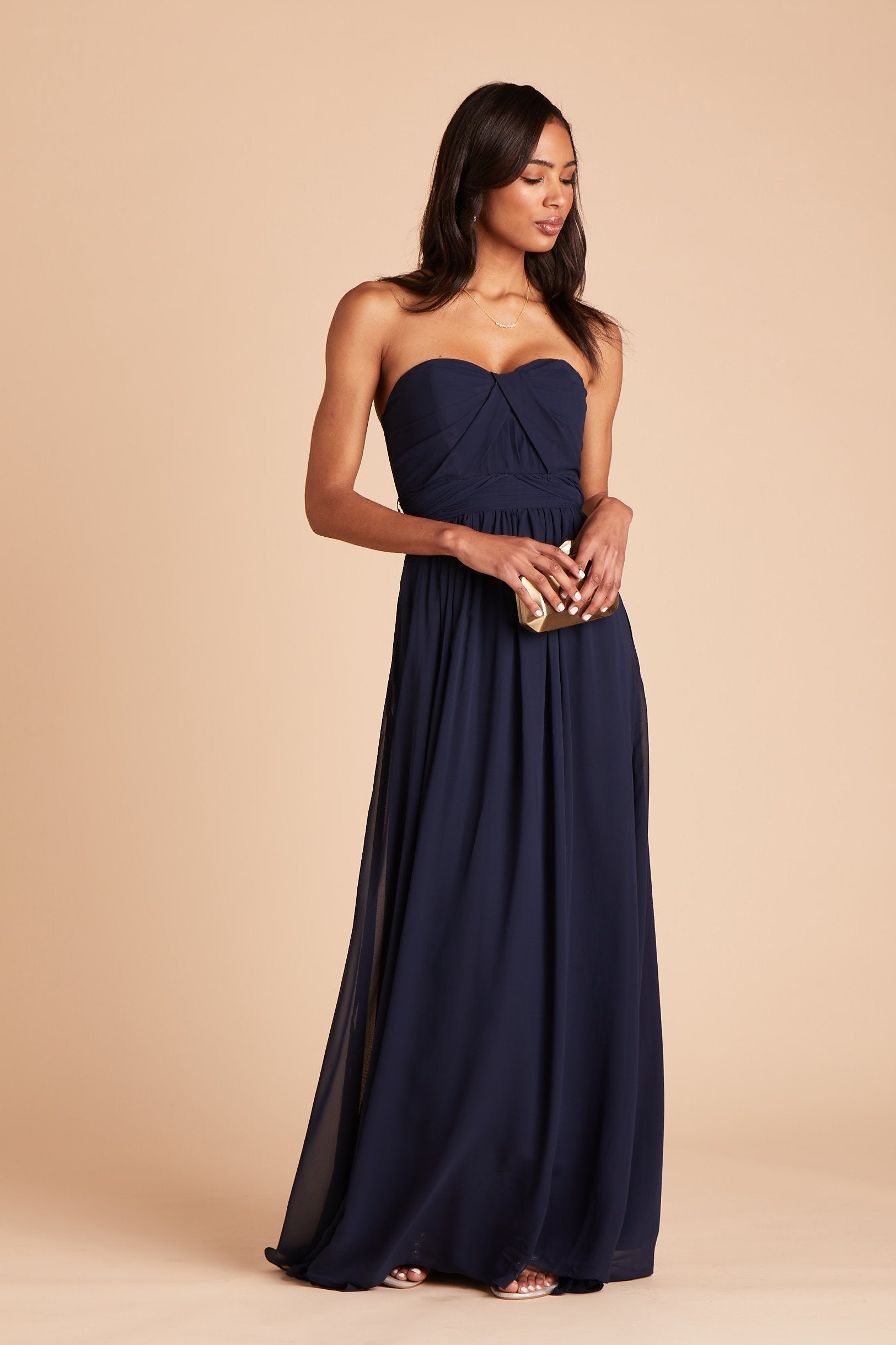 Grace convertible bridesmaid dress in navy blue chiffon by Birdy Grey, front view