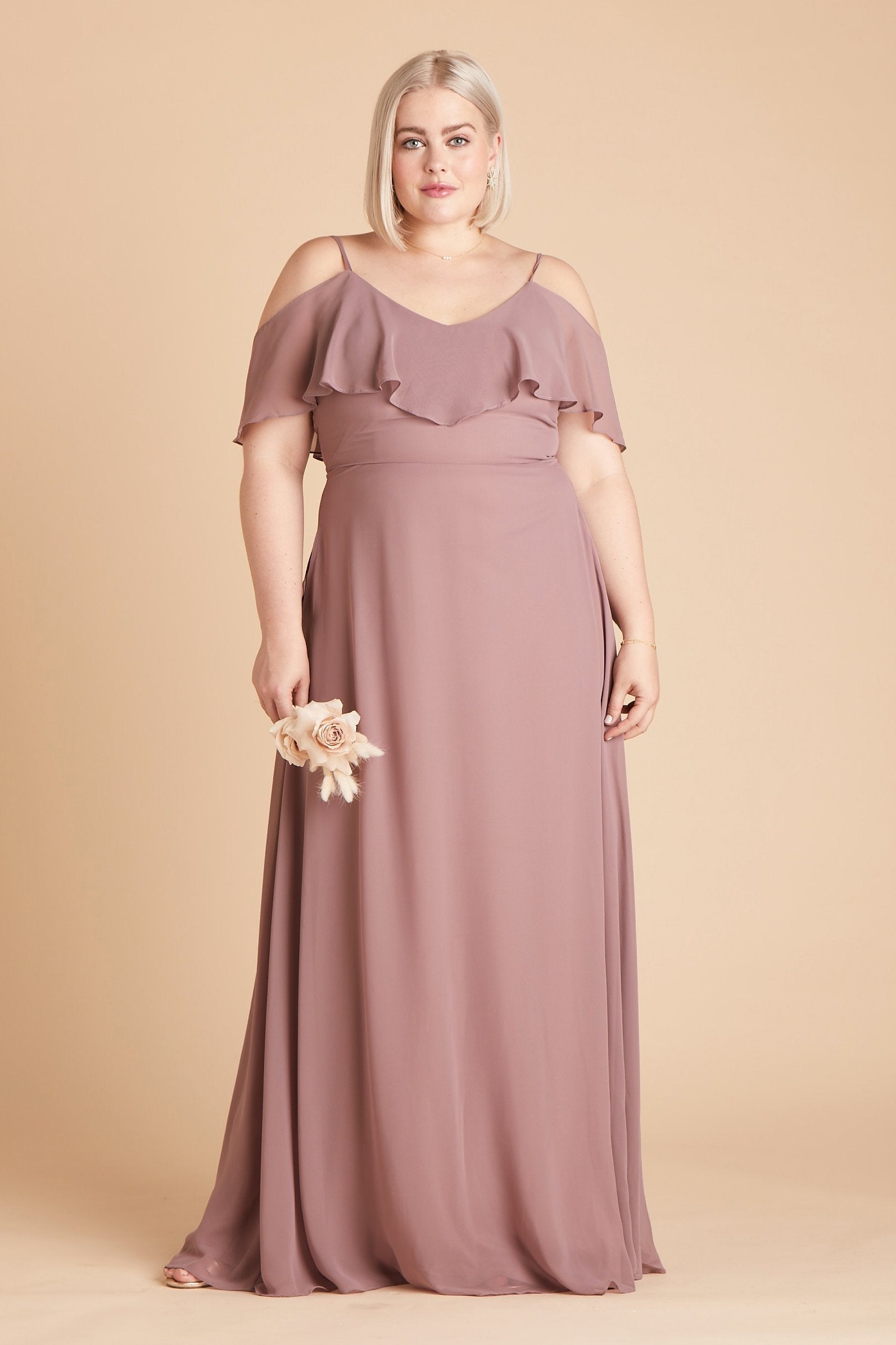 Jane convertible plus size bridesmaid dress in dark mauve chiffon by Birdy Grey, front view