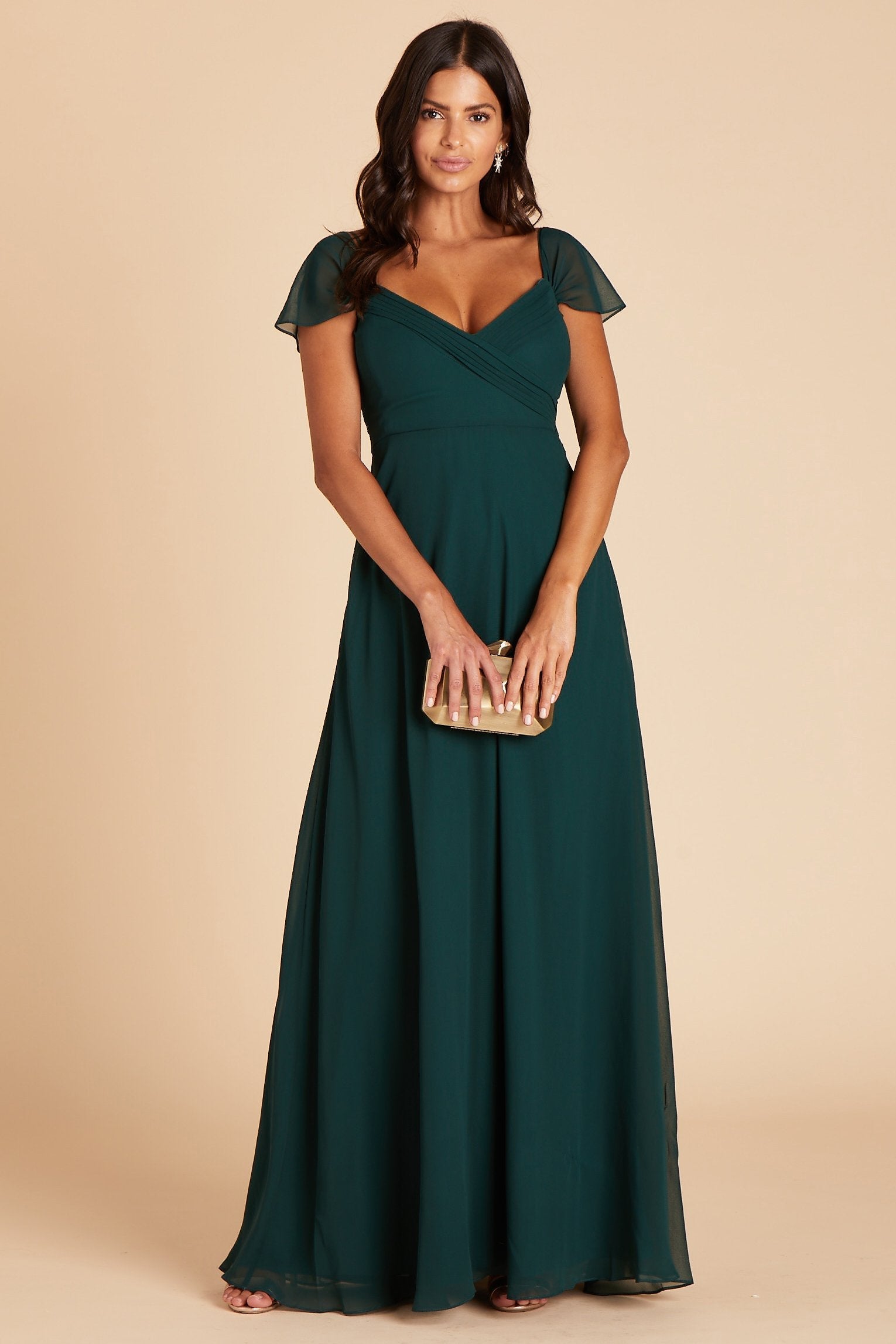 Spence convertible bridesmaid dress in emerald green chiffon by Birdy Grey, front view