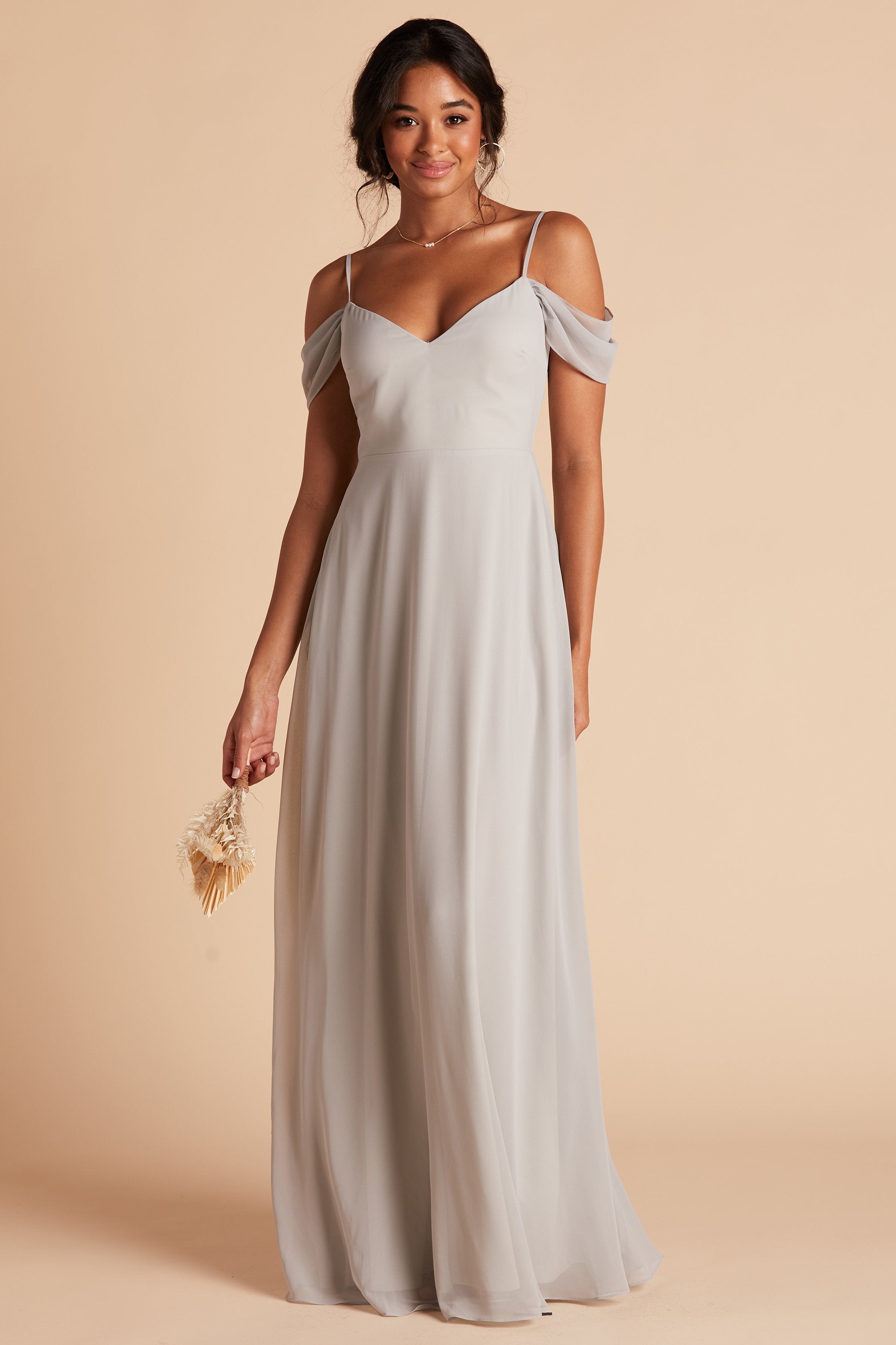 Devin convertible bridesmaid dress with slit in dove gray chiffon by Birdy Grey, front view