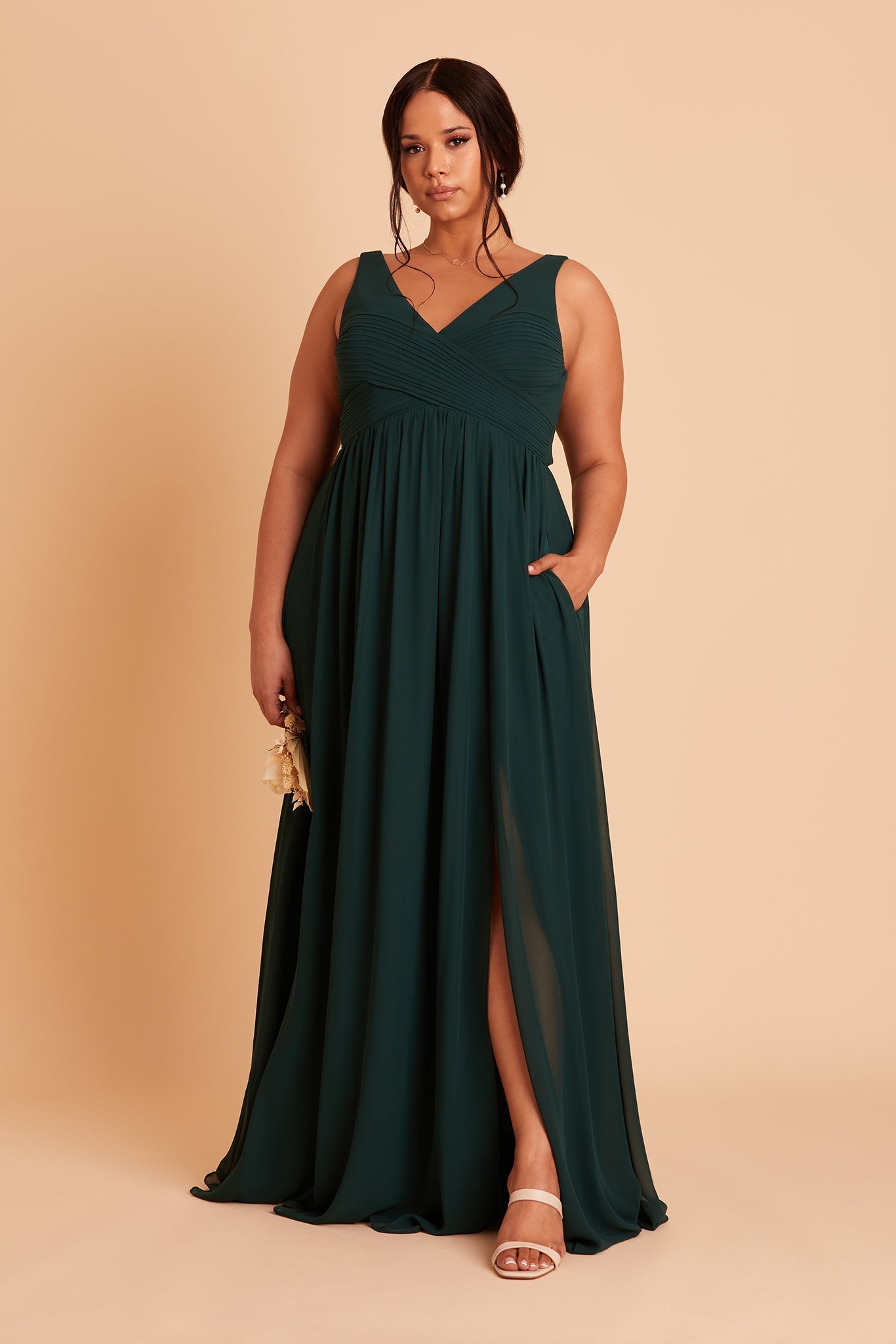 Laurie Empire plus size maternity bridesmaid dress with slit in emerald chiffon by Birdy Grey, front view