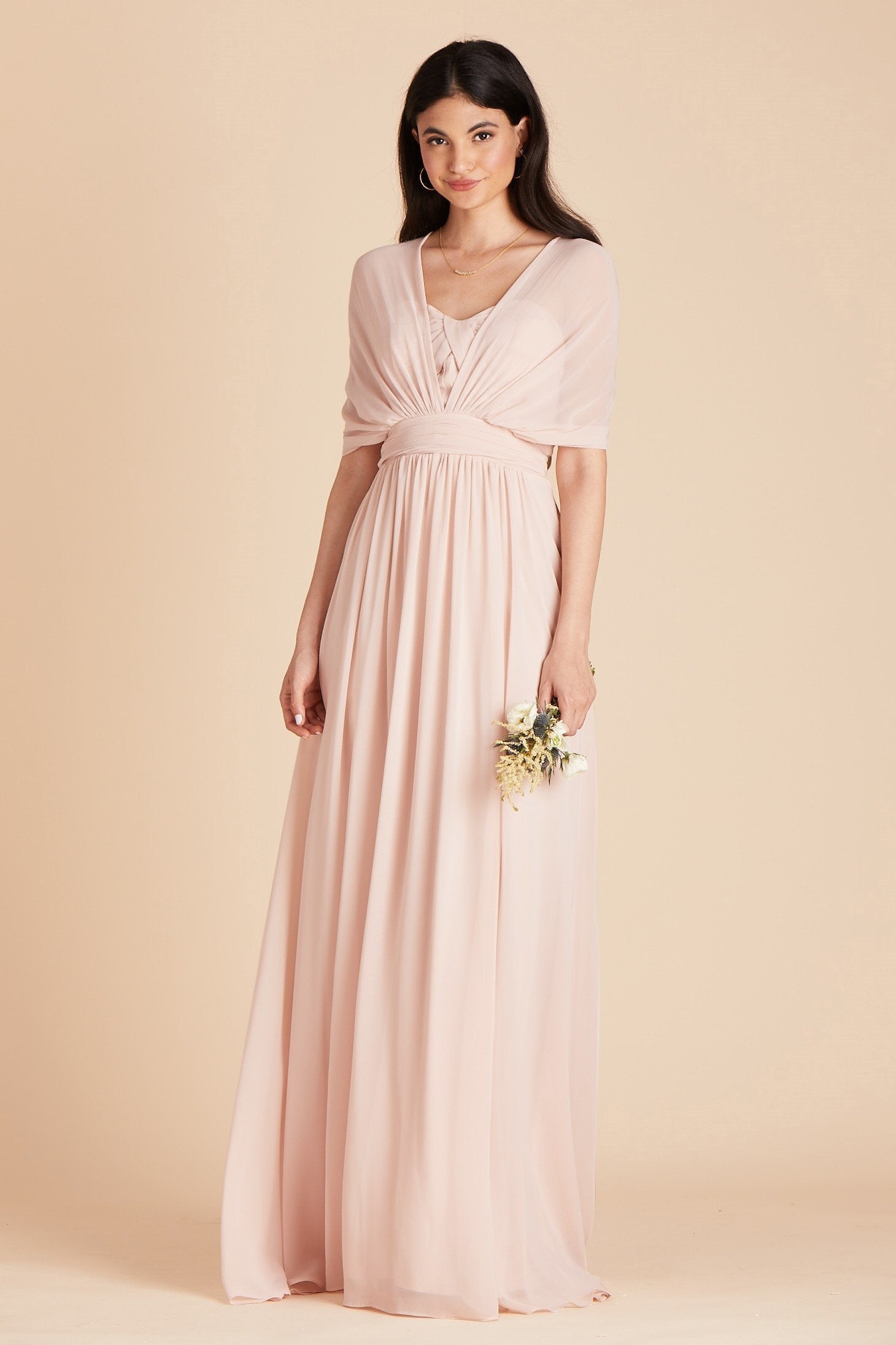 Grace convertible bridesmaid dress in pale blush pink chiffon by Birdy Grey, front view