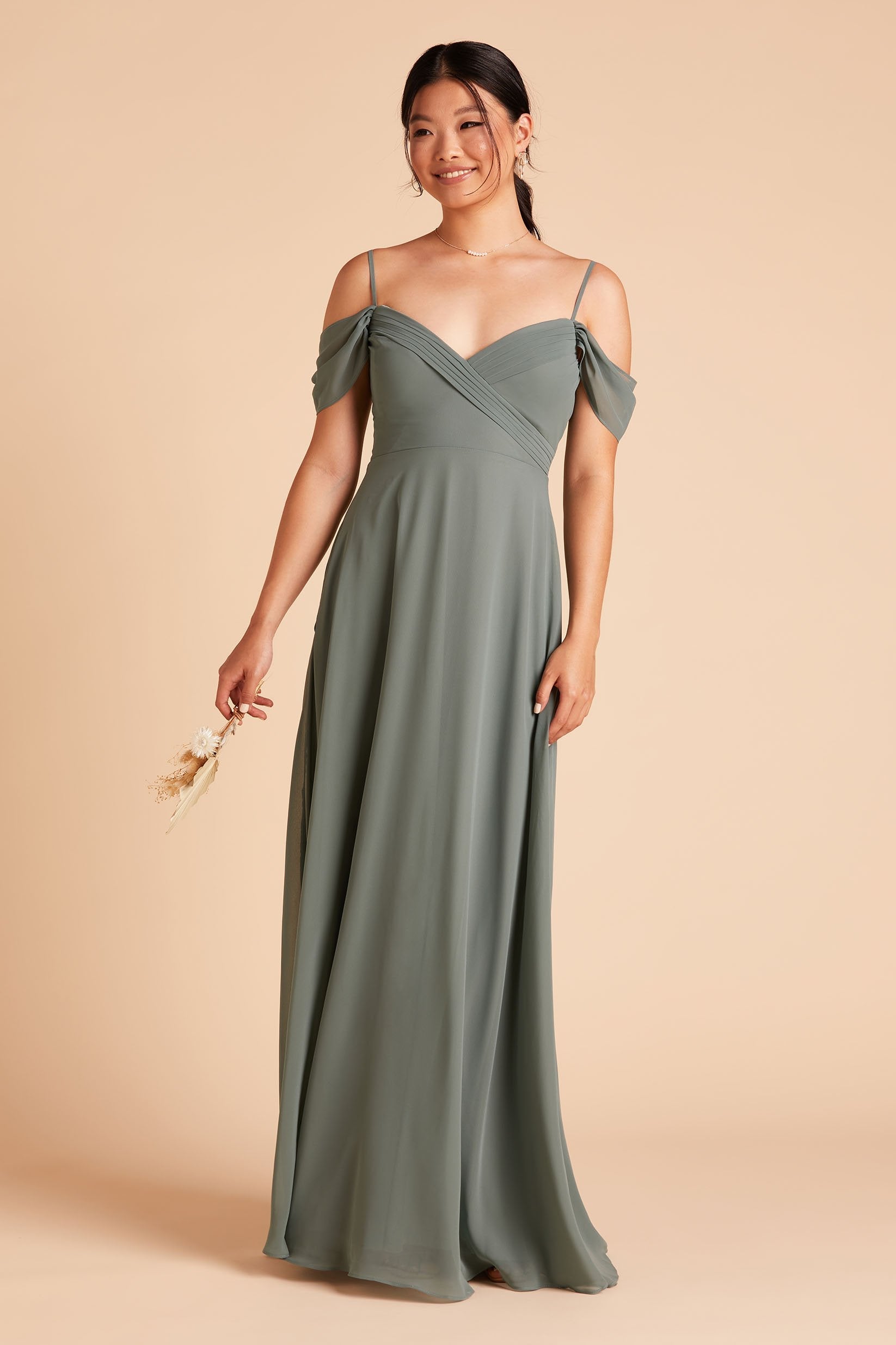 Spence convertible bridesmaid dress in sea glass green chiffon by Birdy Grey, front view