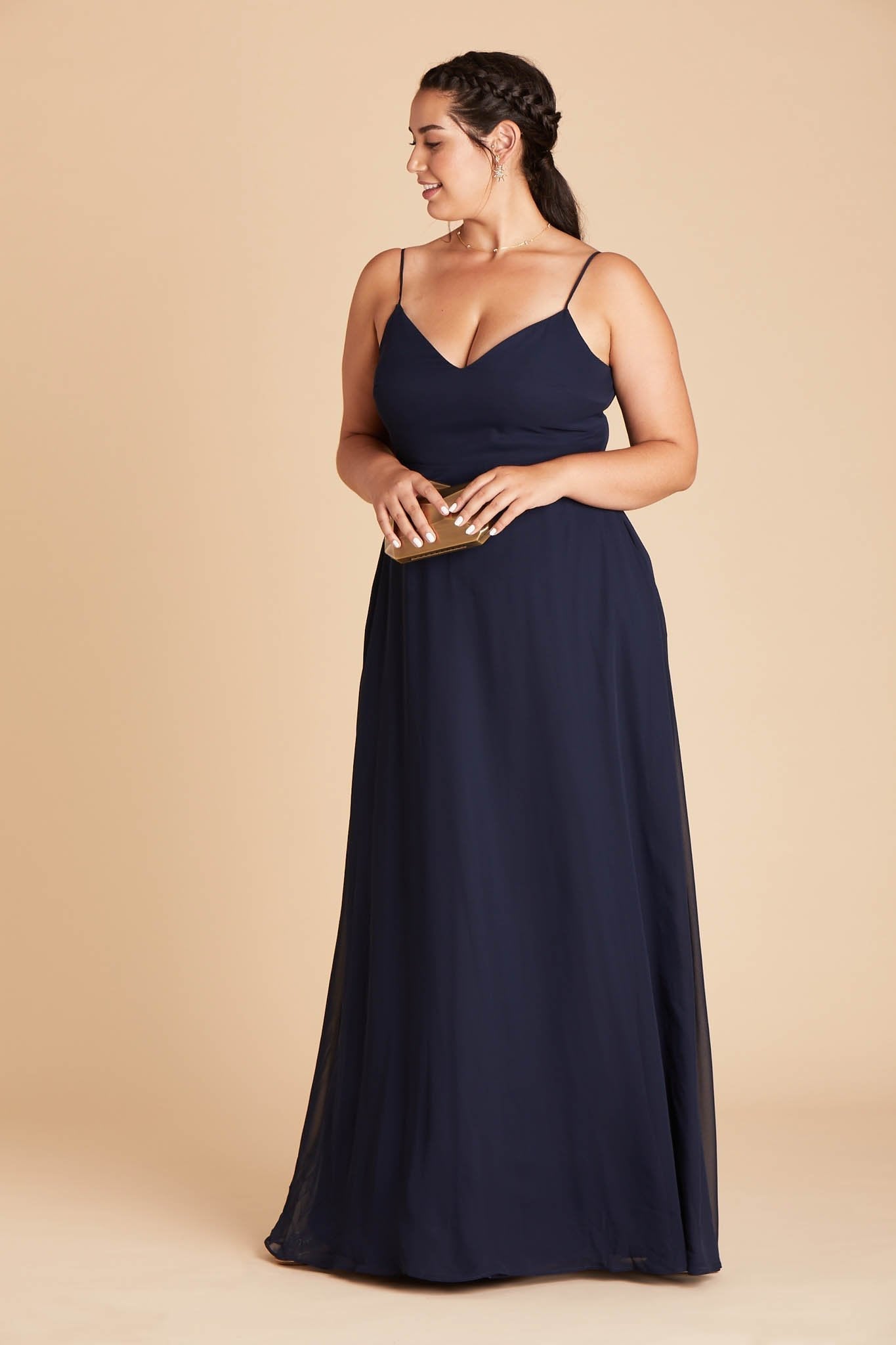 Devin convertible plus size bridesmaids dress in navy blue chiffon by Birdy Grey, front view