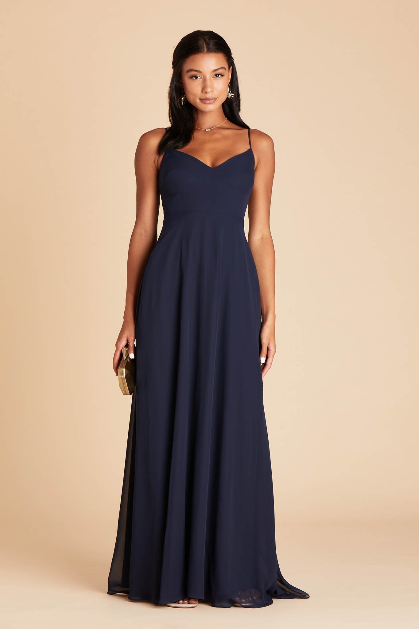 Devin convertible bridesmaid dress in navy blue chiffon by Birdy Grey, front view