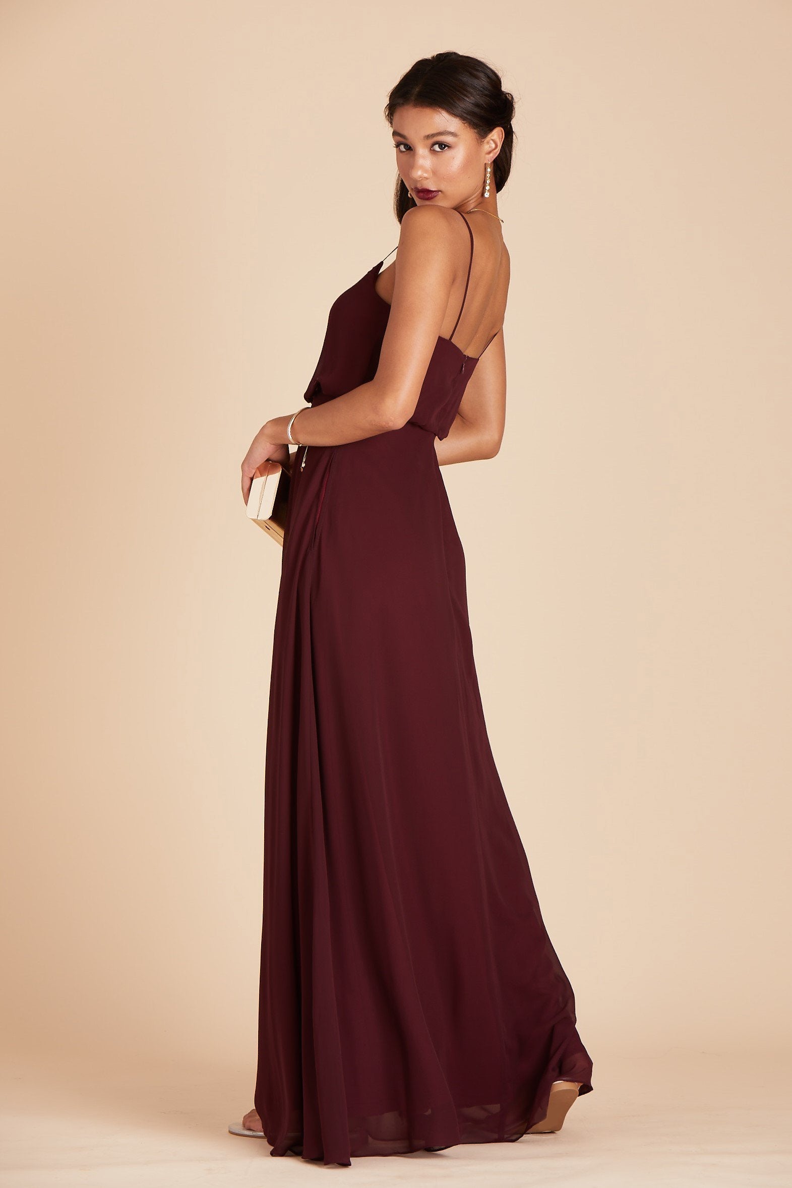 Gwennie bridesmaid dress in cabernet burgundy chiffon by Birdy Grey, side view