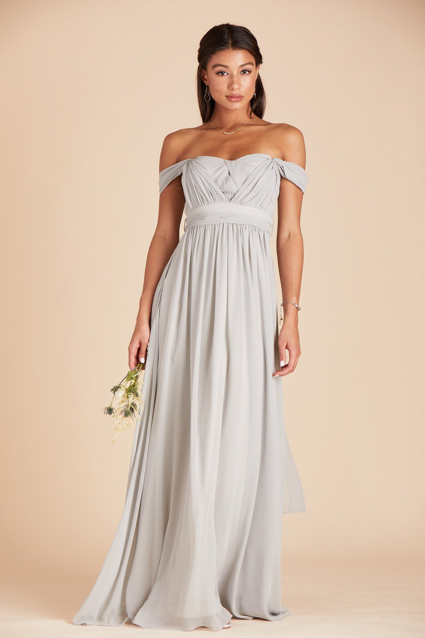 Grace convertible bridesmaid dress in dove gray chiffon by Birdy Grey, front view