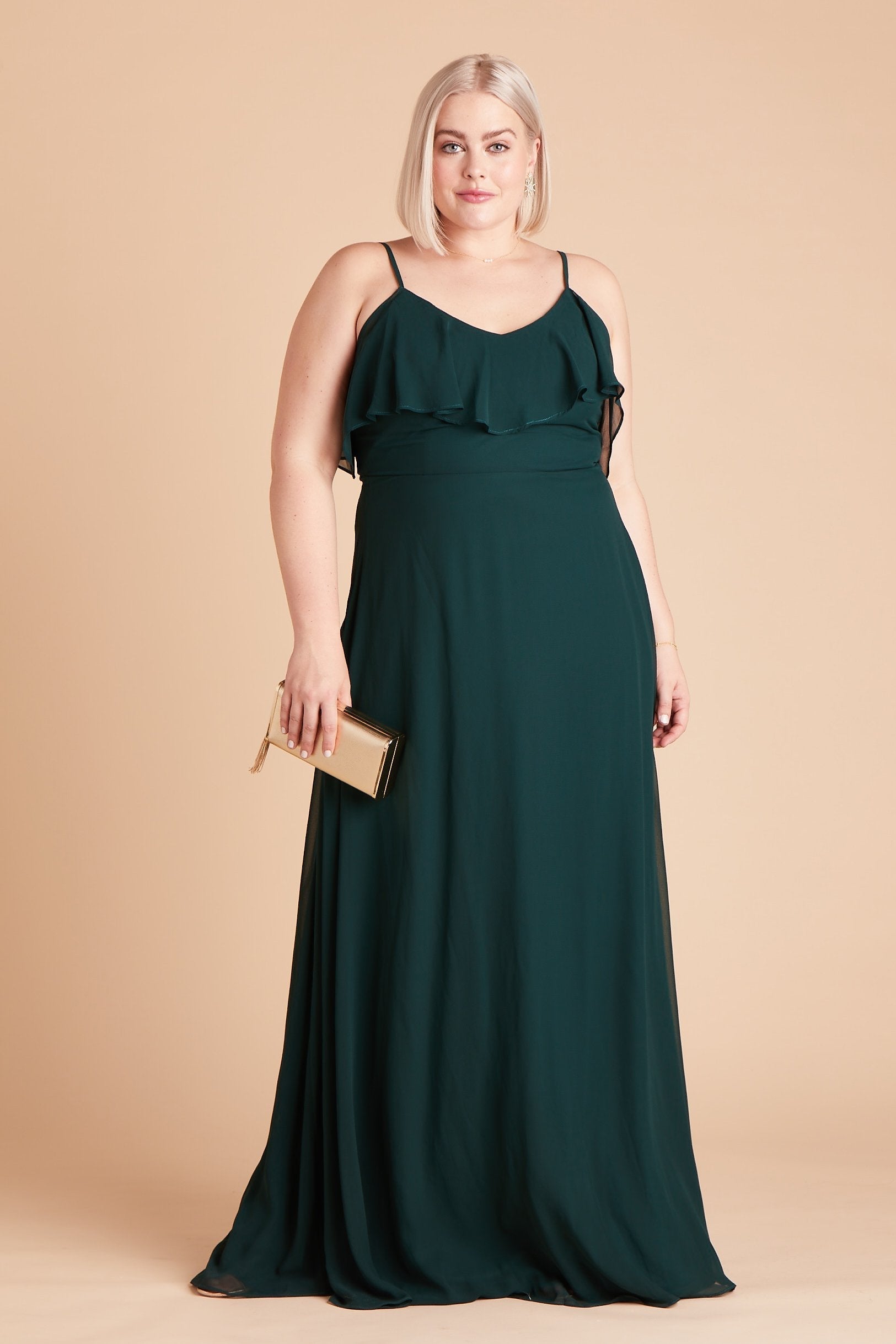 Jane convertible plus size bridesmaid dress in emerald green chiffon by Birdy Grey, front view