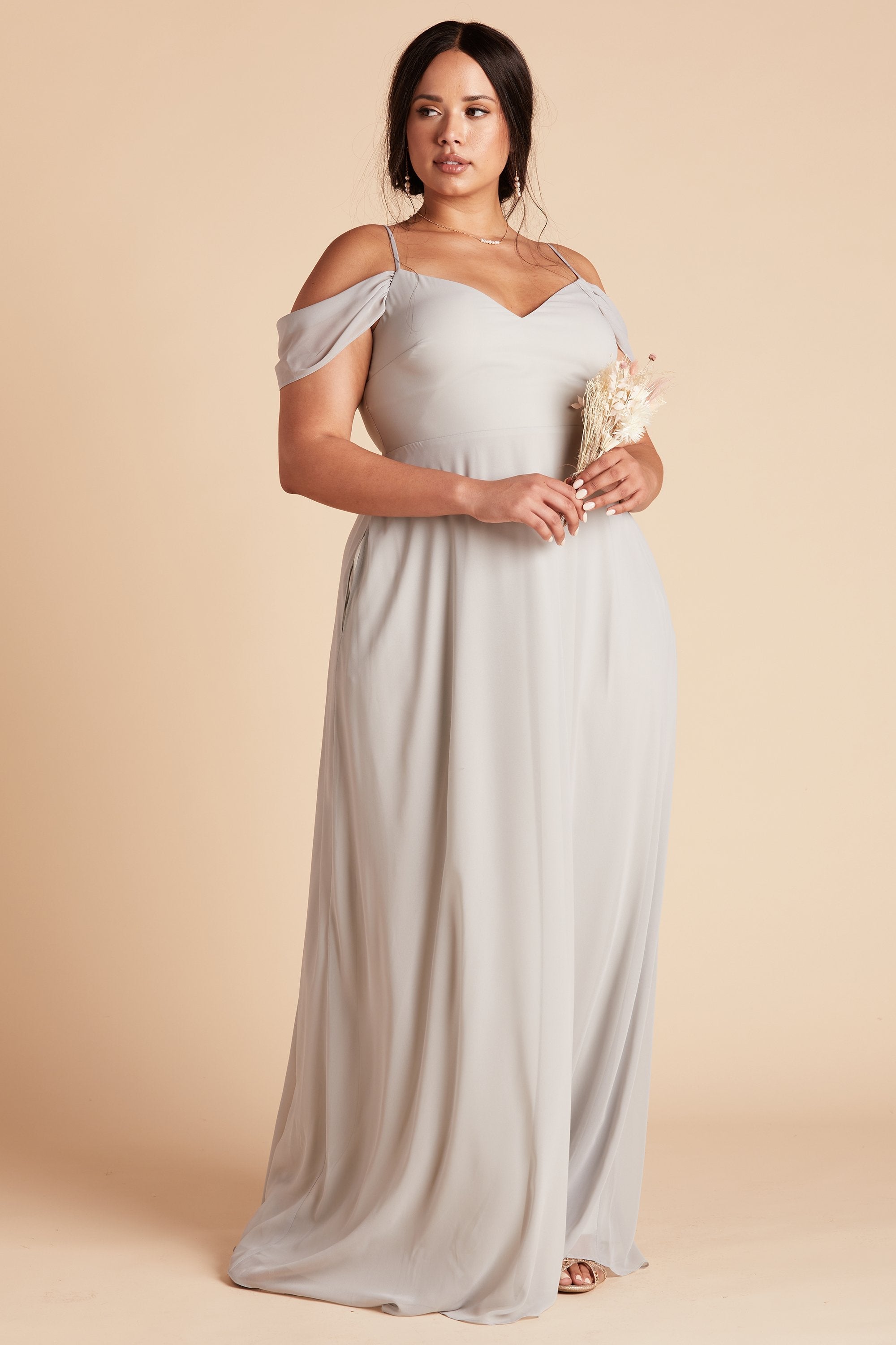 Devin convertible plus size bridesmaid dress in dove gray chiffon by Birdy Grey, front view