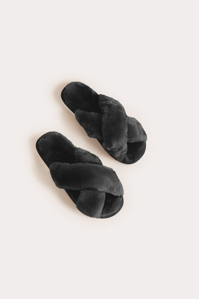 Black Crisscross Fuzzy Slippers by Birdy Grey