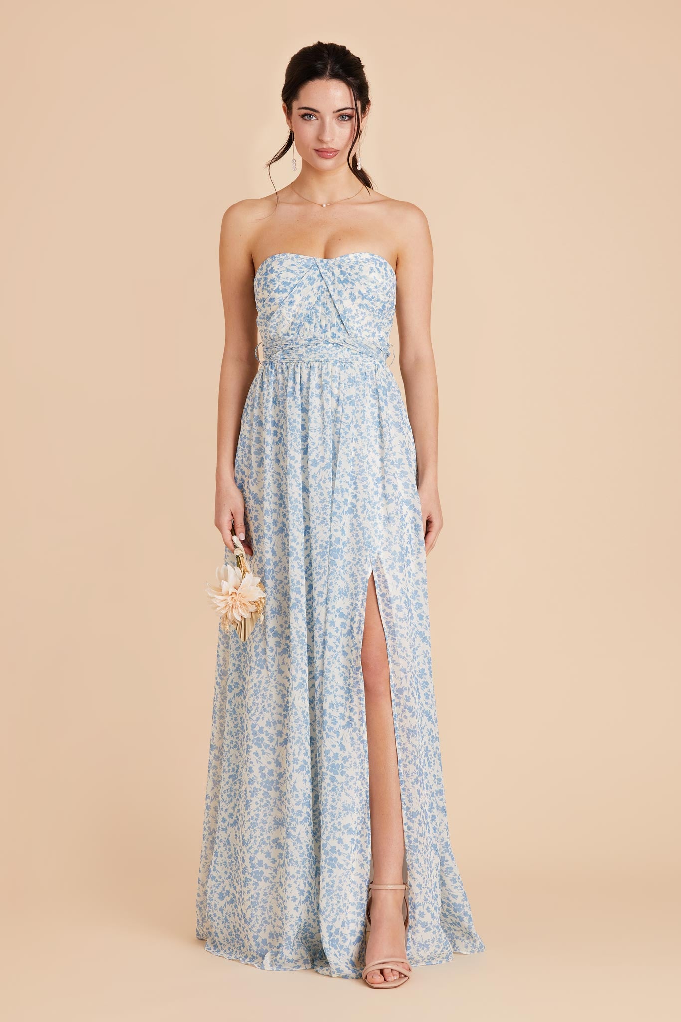 Grace Convertible Chiffon Bridesmaid Dress in Blue Dreamy Ditsy Birdy Grey