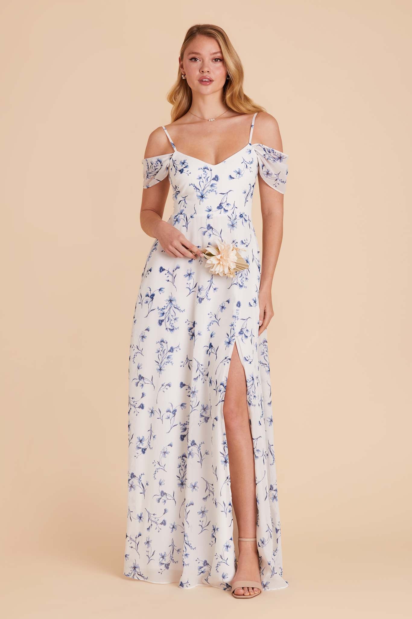 Devin Convertible Chiffon Bridesmaid Dress in Blue Le Fleur Birdy Grey