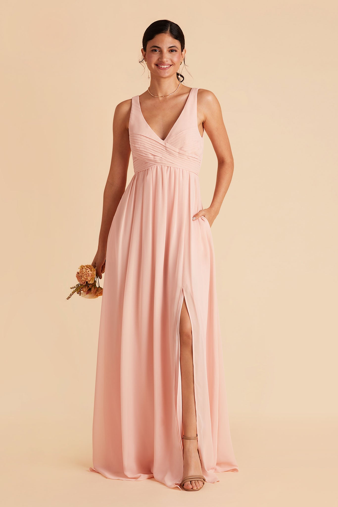 Laurie Empire maternity bridesmaid dress with slit in blush pink by Birdy Grey, front view