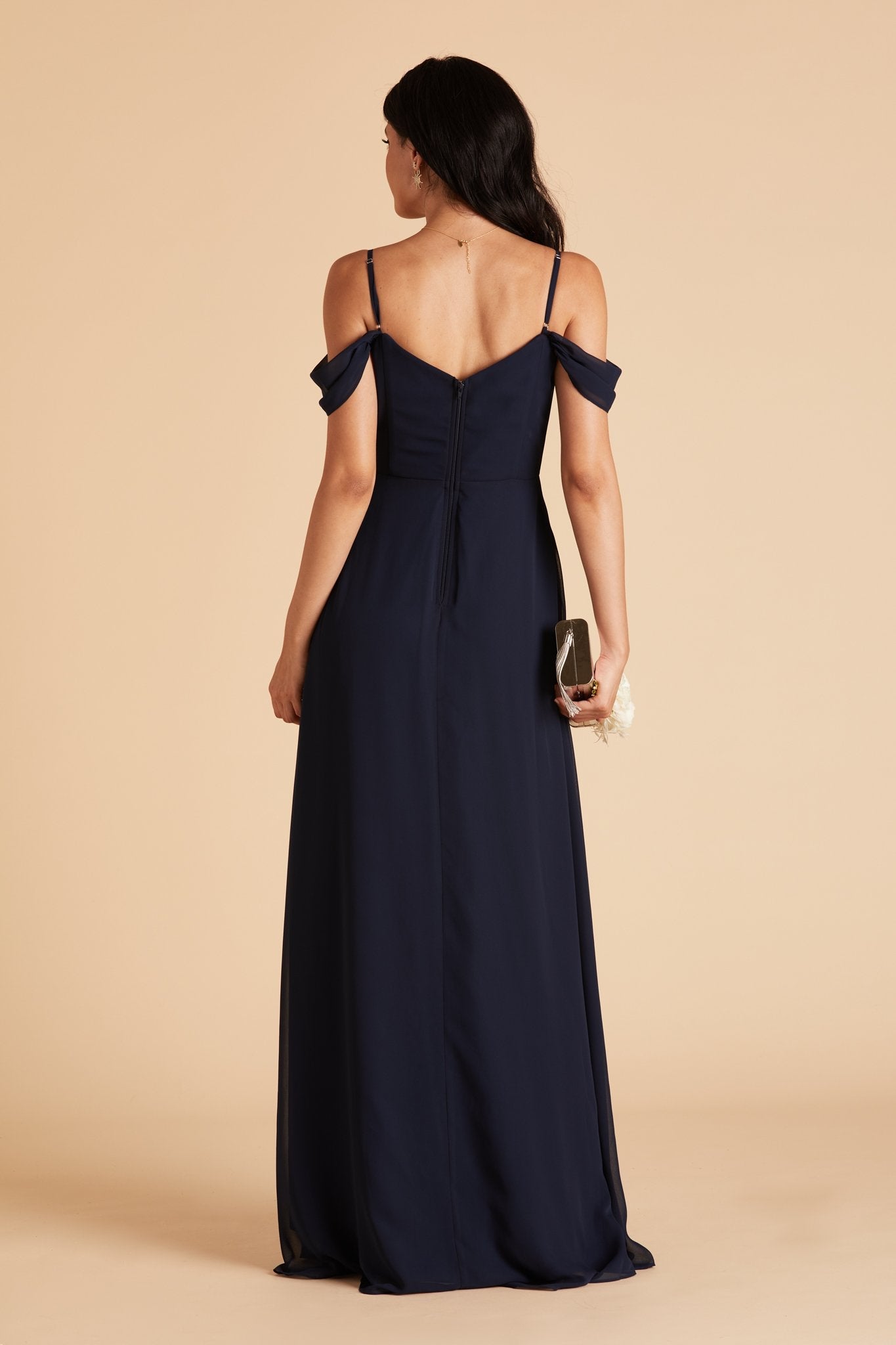 Spence convertible bridesmaid dress in navy blue chiffon by Birdy Grey, back view