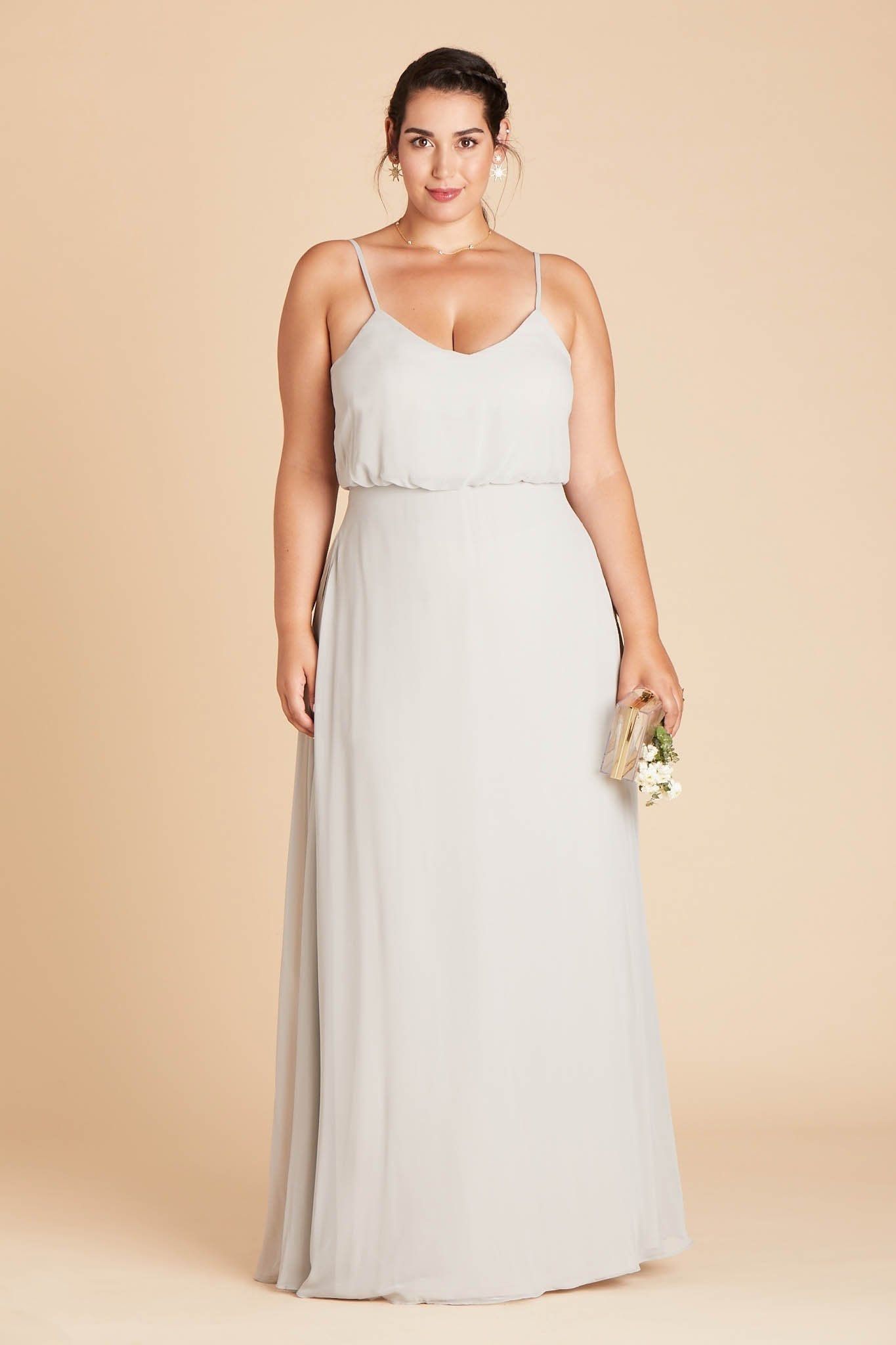 Gwennie plus size bridesmaid dress in dove gray chiffon by Birdy Grey, front view