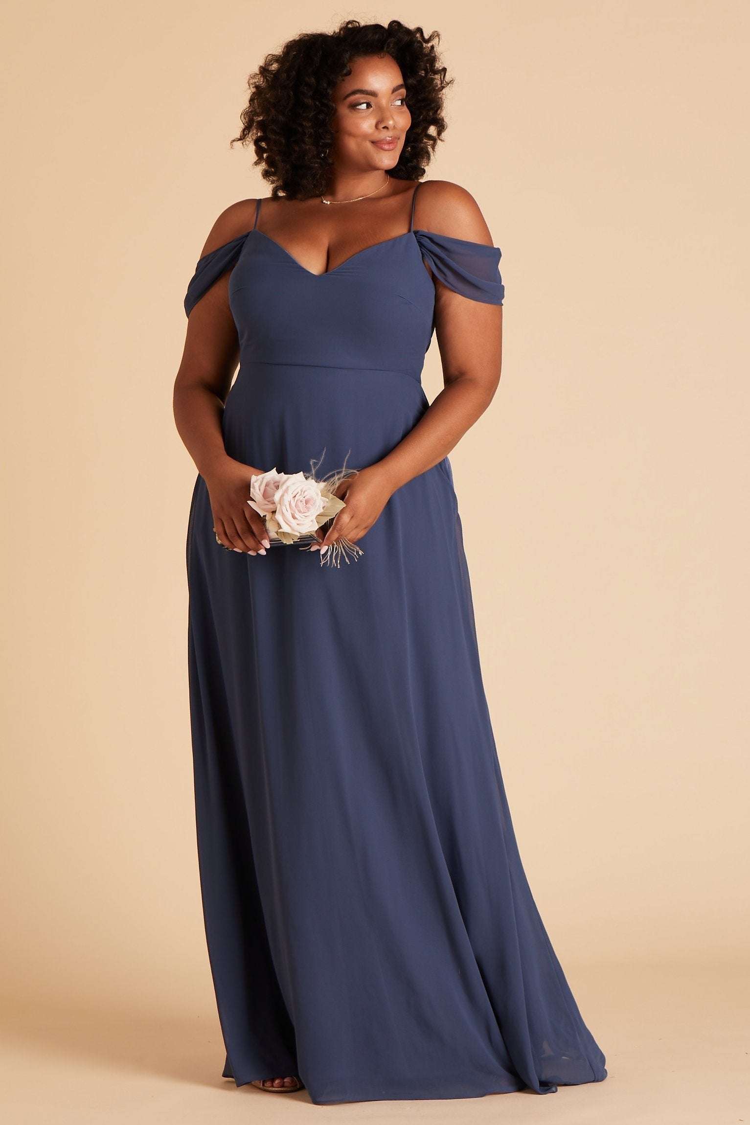 Devin convertible plus size bridesmaids dress in slate blue chiffon by Birdy Grey, front view