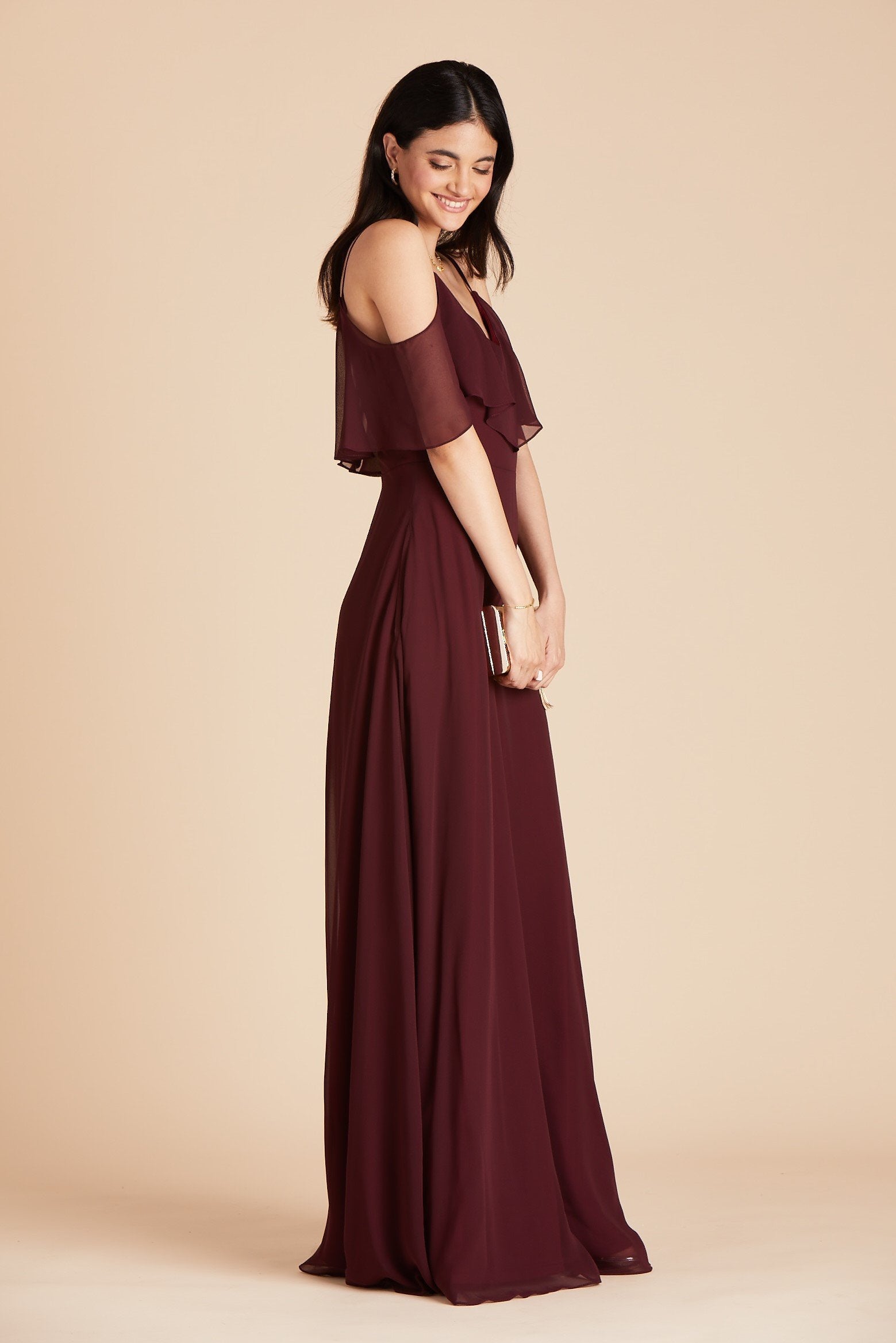 Jane convertible bridesmaid dress with slit in cabernet burgundy chiffon by Birdy Grey, side view