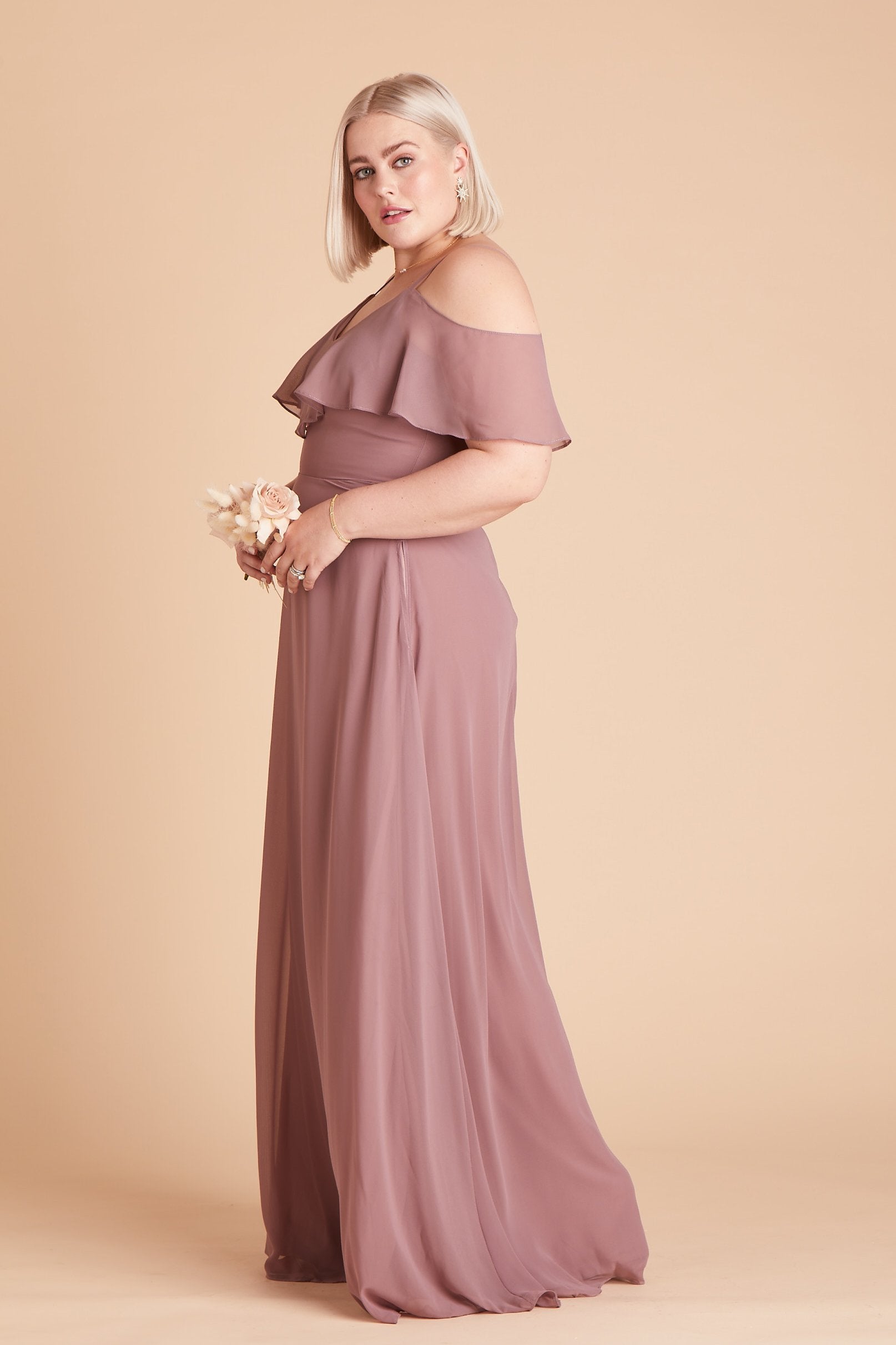 Jane convertible plus size bridesmaid dress in dark mauve chiffon by Birdy Grey, side view