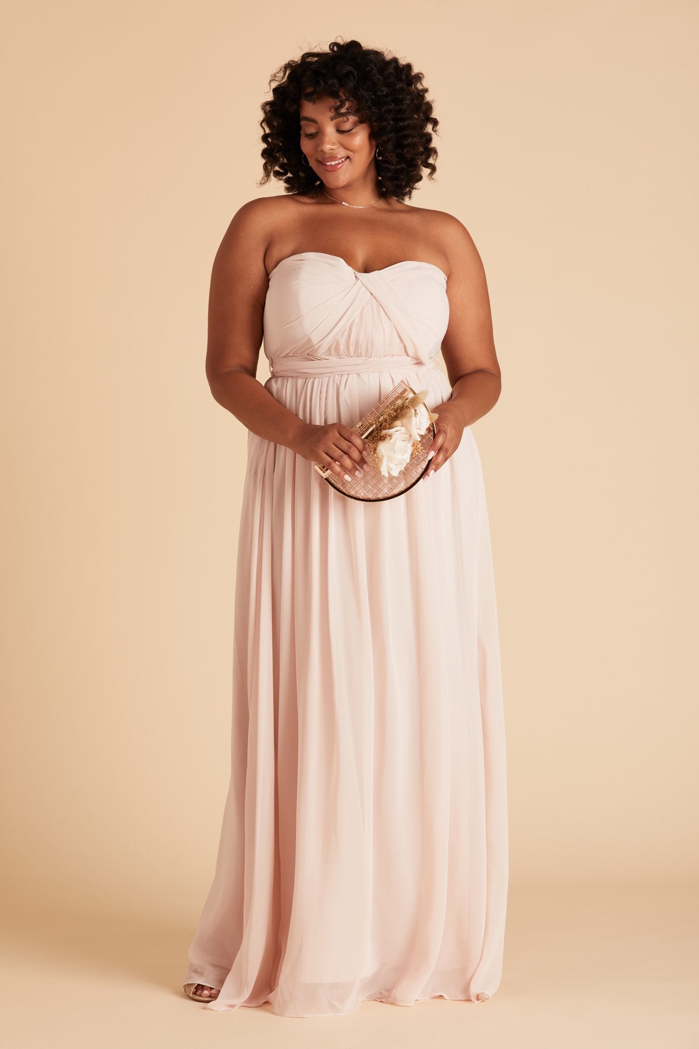 Grace convertible plus size bridesmaid dress in pale blush pink chiffon by Birdy Grey, front view