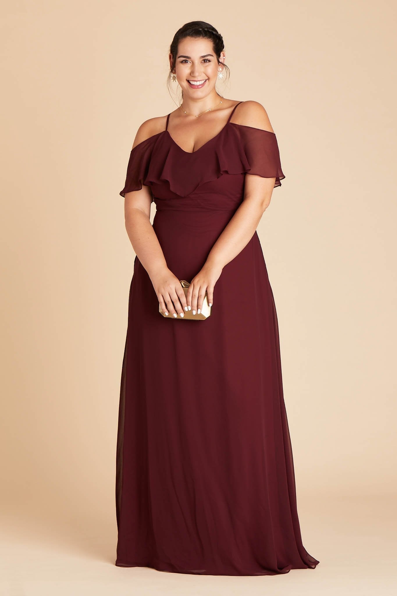 Jane convertible plus size bridesmaid dress in Cabernet Burgundy chiffon by Birdy Grey, front view