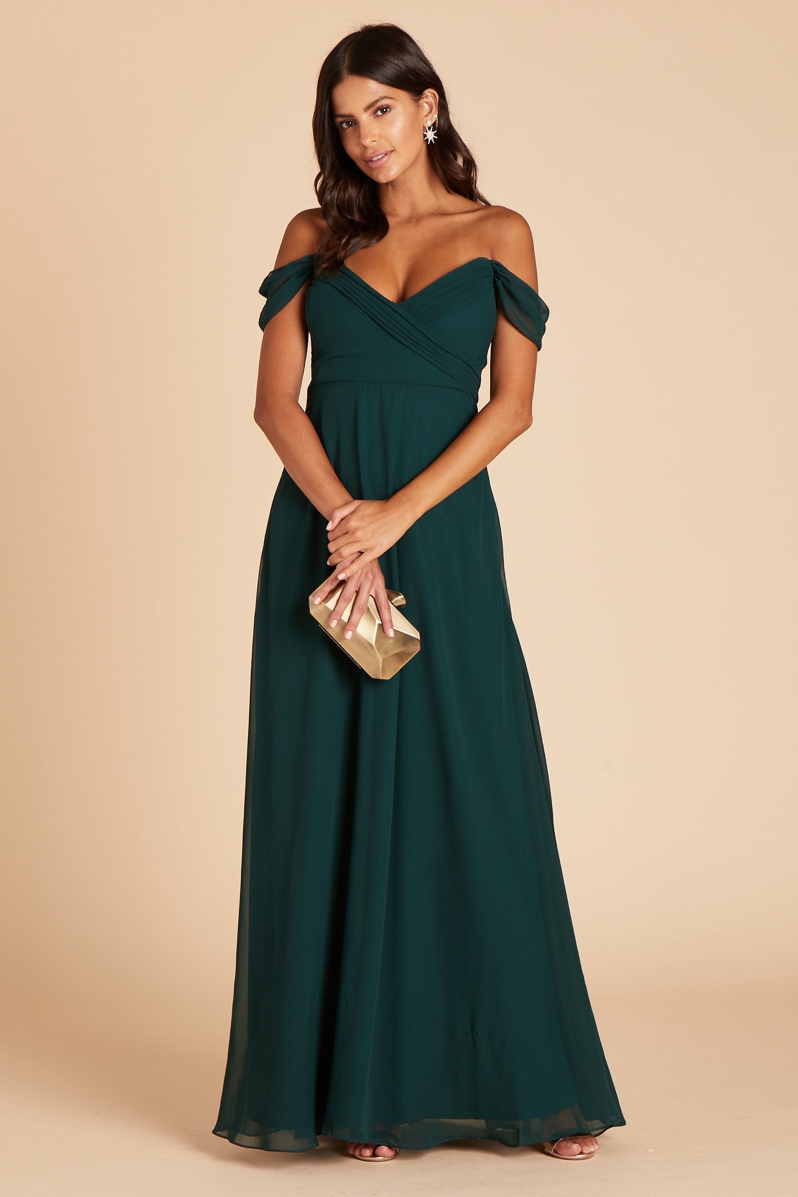 Spence convertible bridesmaid dress in emerald green chiffon by Birdy Grey, front view